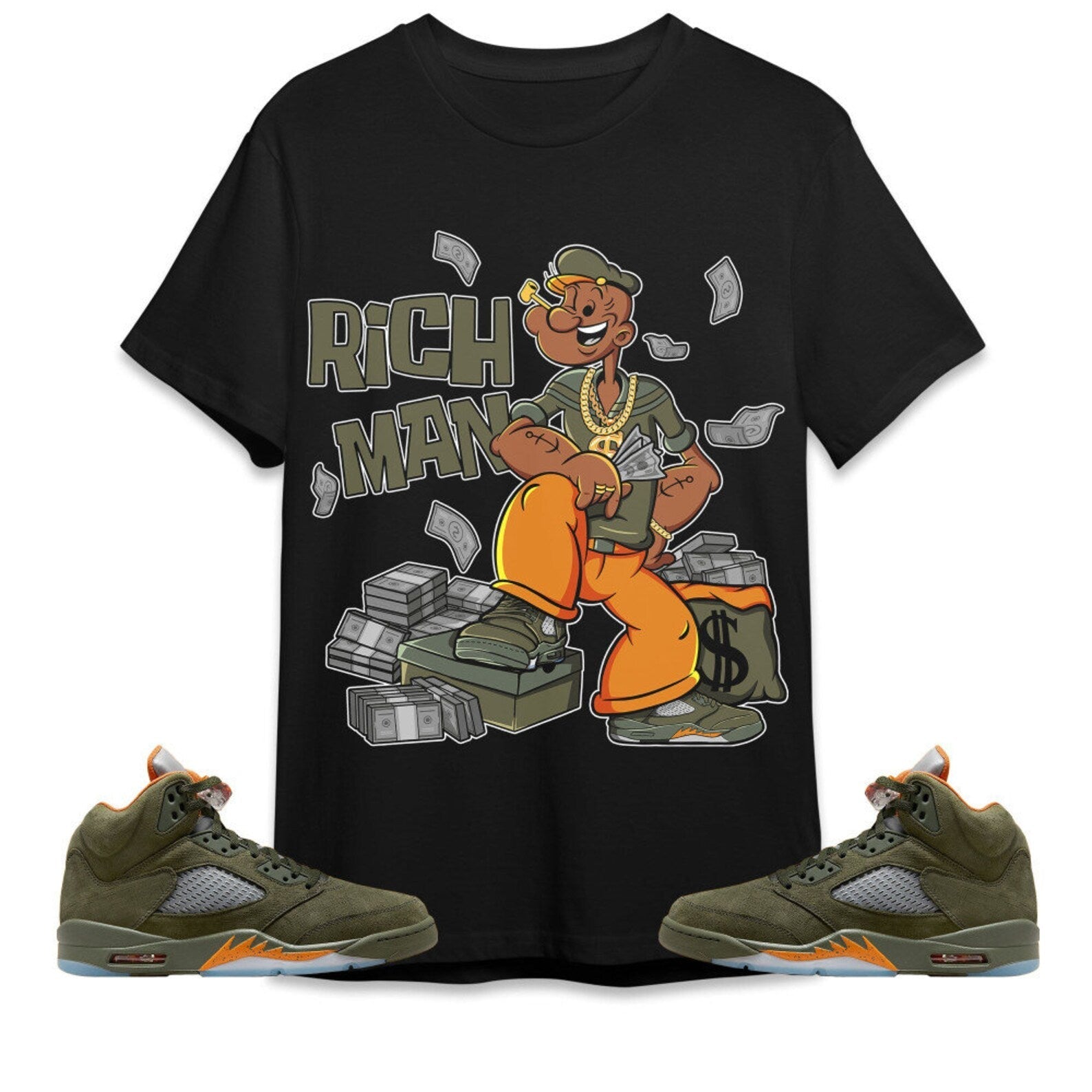 Rich Man Sailor Unisex Tees Jordan 5 Olive to match Sneaker, Outfit back to school graphic tees T-Shirt, Sneaker Match Tee