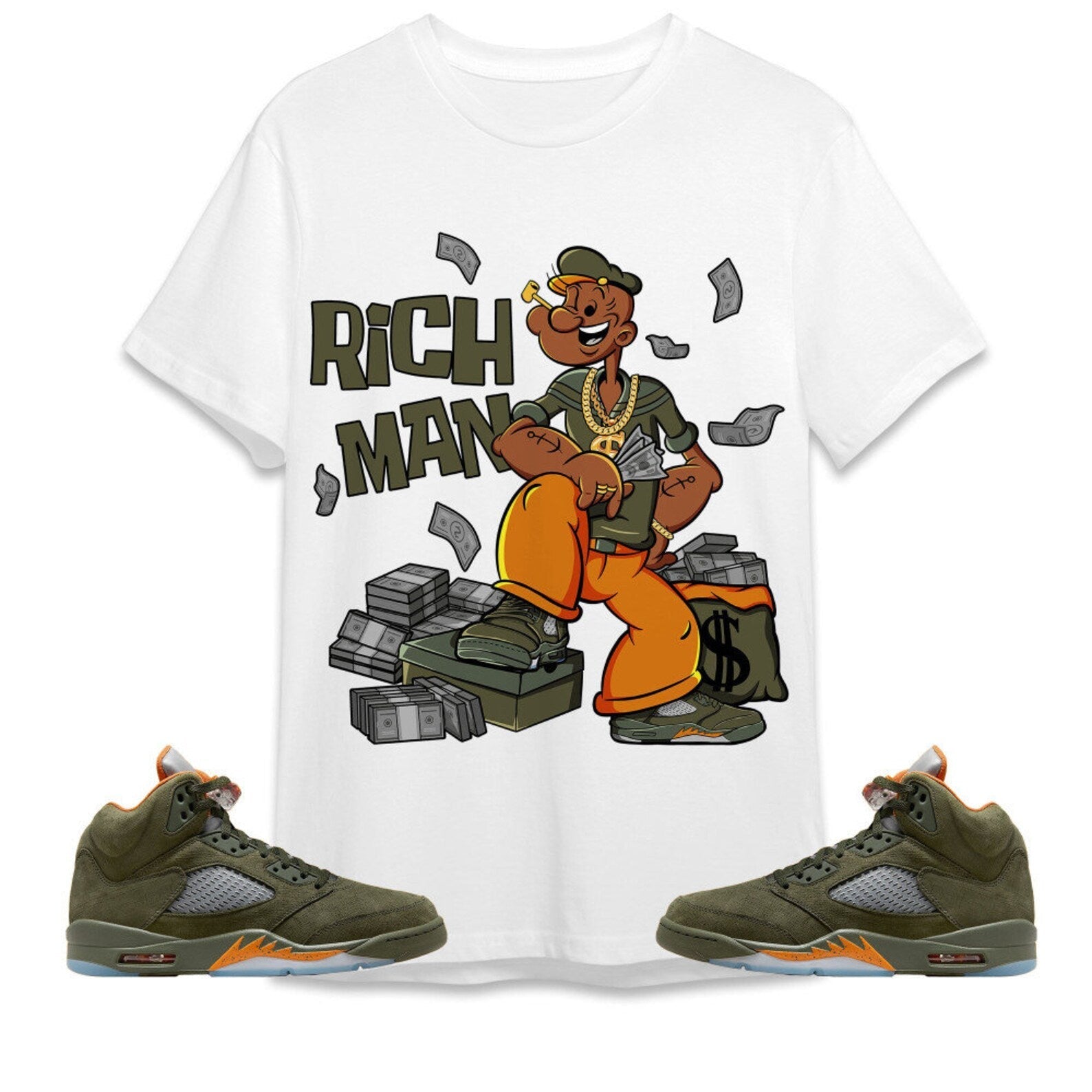 Rich Man Sailor Unisex Tees Jordan 5 Olive to match Sneaker, Outfit back to school graphic tees T-Shirt, Sneaker Match Tee