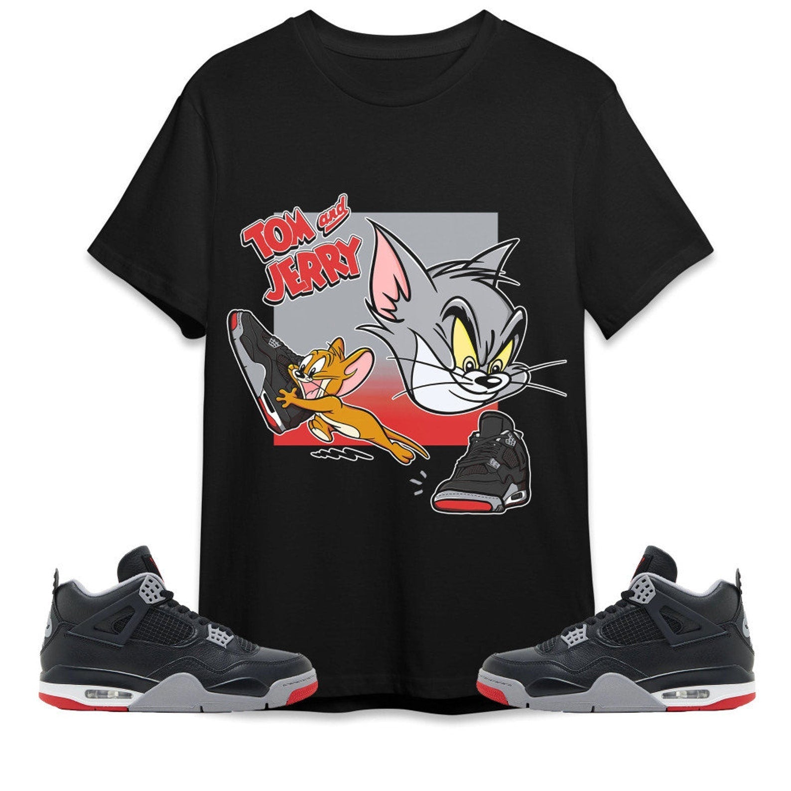 Cat And Mouse Sneakers Unisex Tees Jordan 4 Bred Reimagined to match Sneaker, Outfit Back to school Jordan T-Shirt, Sneaker Match Tee