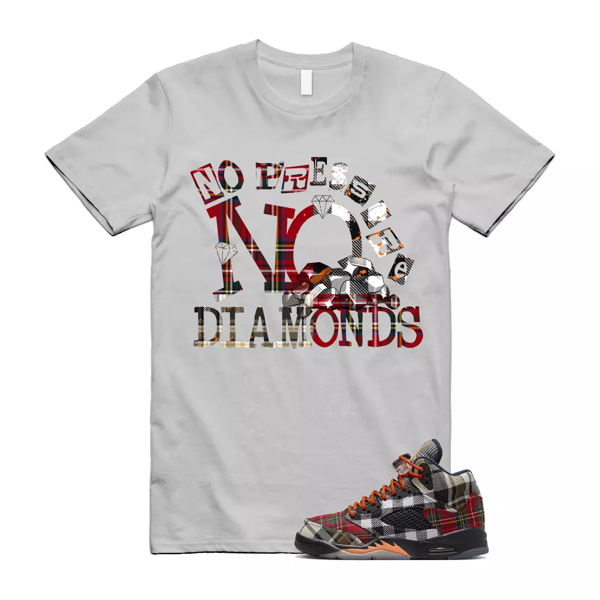 Plaid 5 Patchwork Total Orange AJ5 Air Checked-And-Flecked T Shirt Match DIAMOND T-Shirt, Sneaker Match Tee