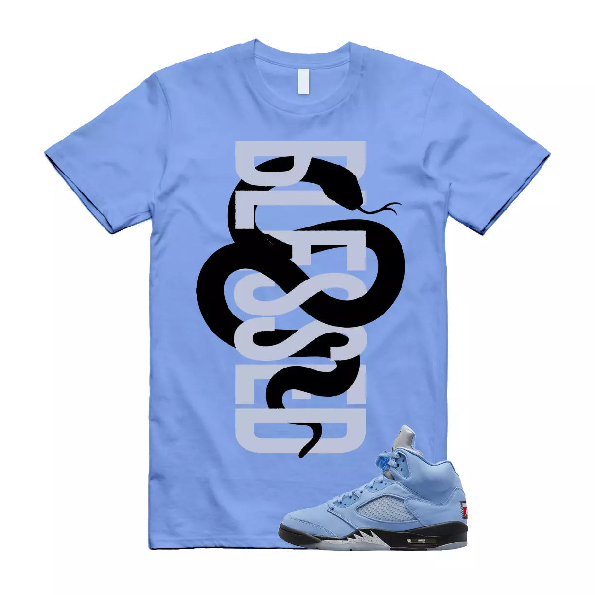 SNAKEB T Shirt to match Air Jordan 5 UNC University Blue Carolina MJ Black White T-Shirt, Sneaker Match Tee