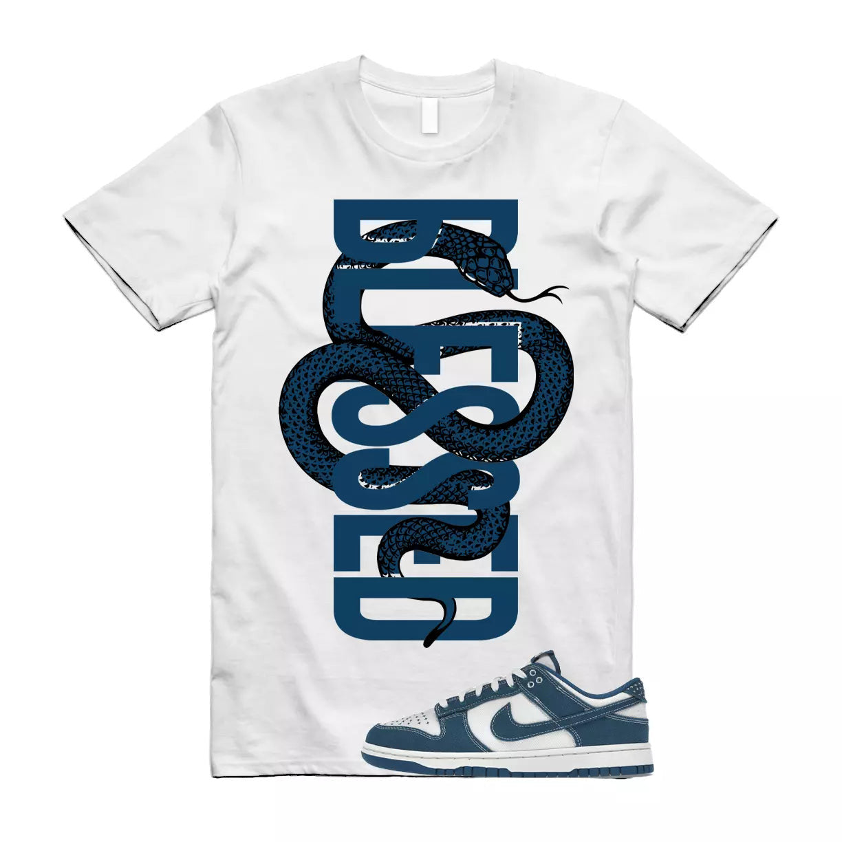 SNAKEBLS T Shirt to match N Dunk Low Industrial Blue Sashiko Summit White Japan T-Shirt, Sneaker Match Tee