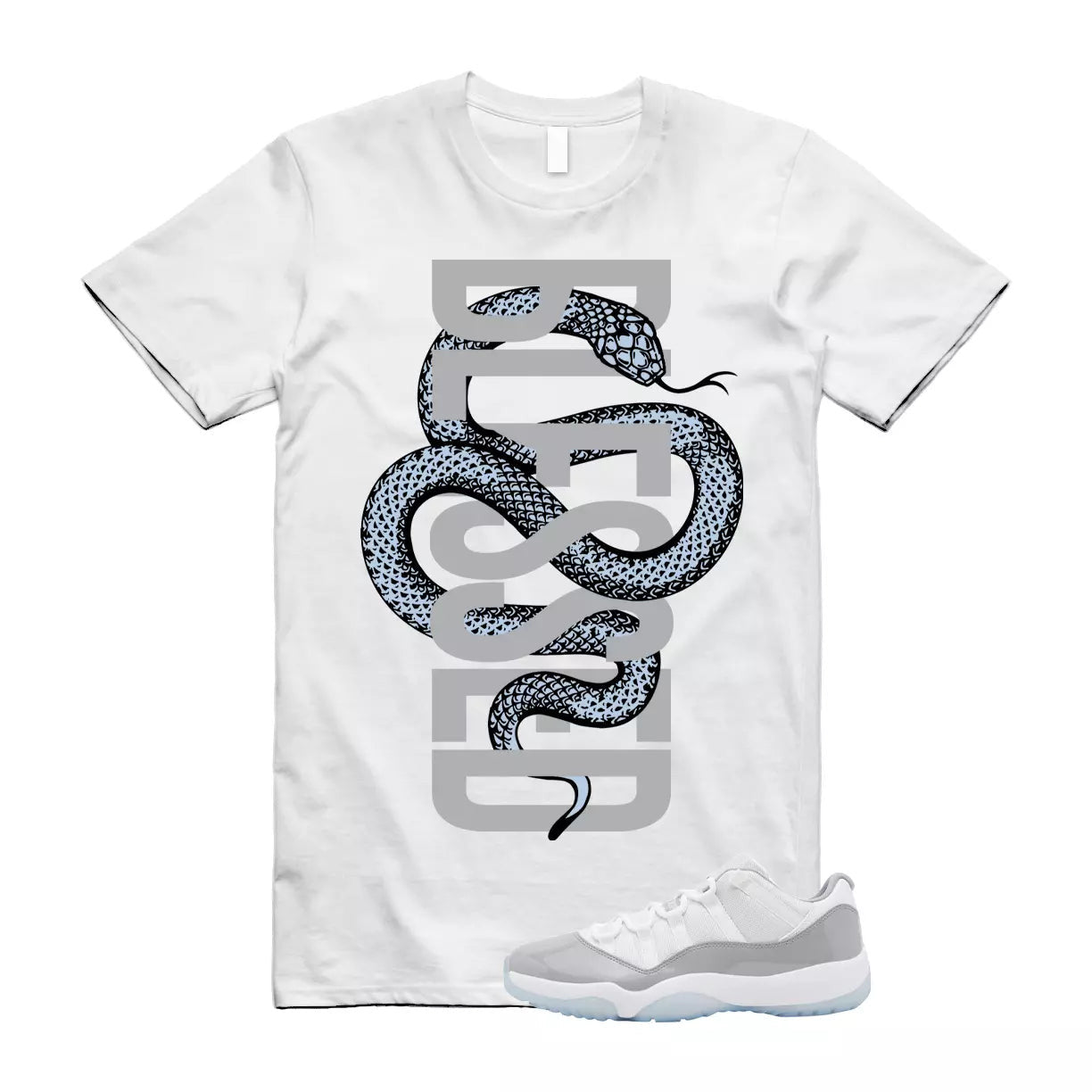 SNAKEB T Shirt to match Air Jordan 11 Low Cement Grey University Blue White Cool T-Shirt, Sneaker Match Tee