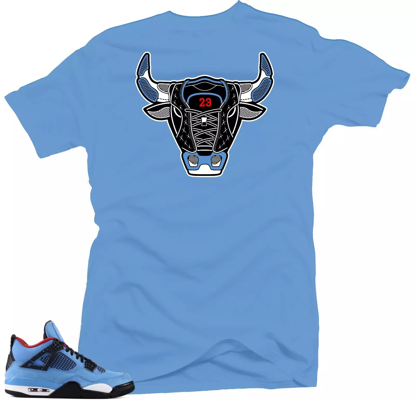 Shirt to Match Jordan 4 Cactus Jack Sneakers. Bull 4 Blue Tee T-Shirt, Sneaker Match Tee