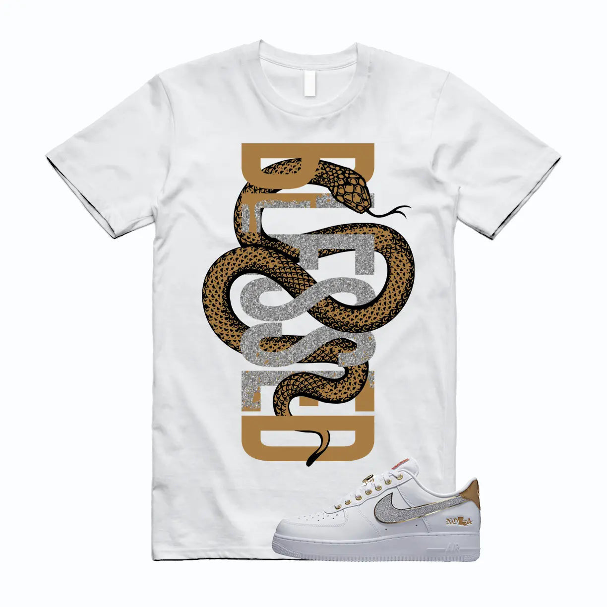 SNAKE Shirt to match Air Force1 Low NOLA Silver Glitter Metallic Gold University T-Shirt, Sneaker Match Tee