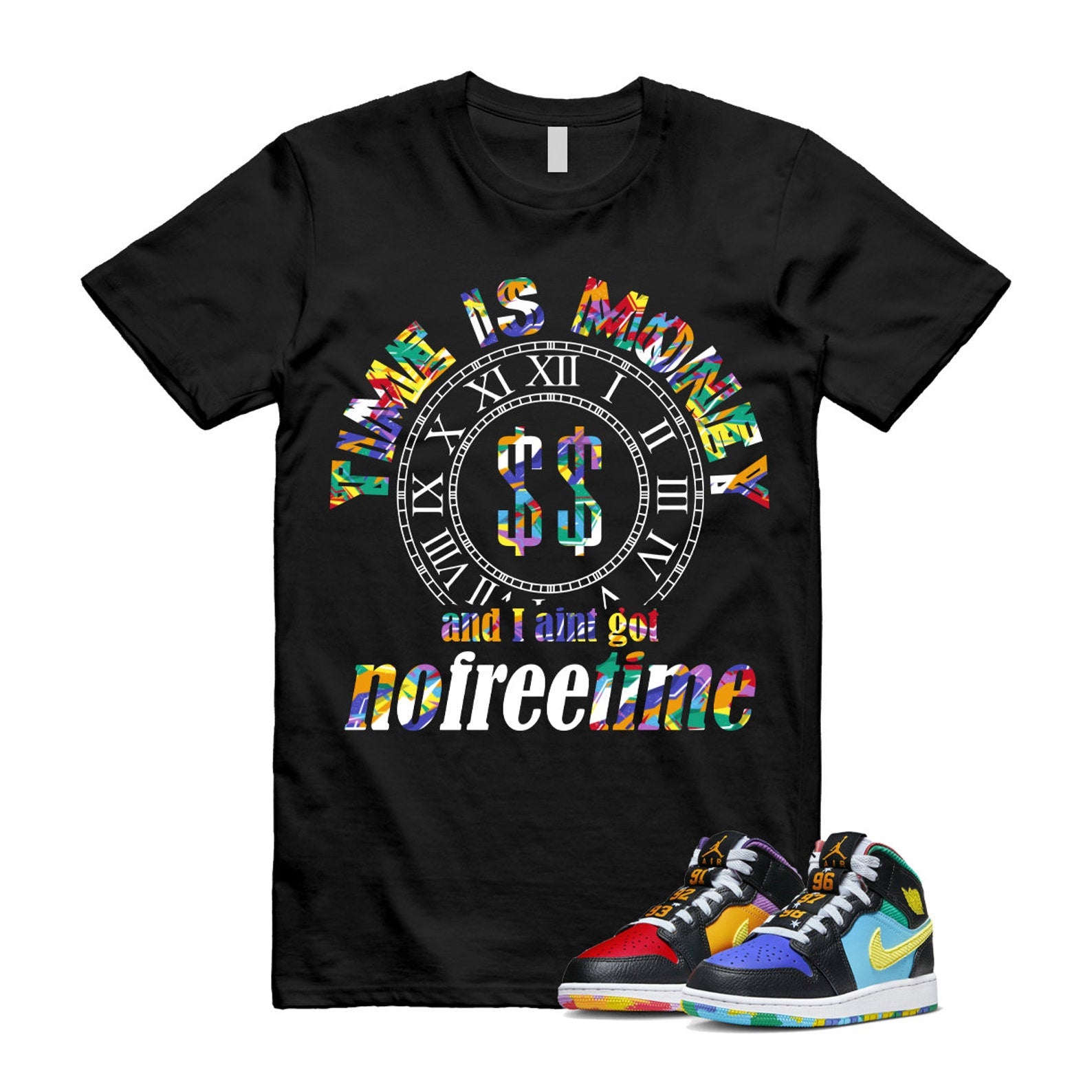 Six Championships Air 1 Mid GS Black Opti Yellow University Red Light Ultramarine Sundial Baltic Blue T Shirt Match FREE TIME T-Shirt, Sneaker Match Tee