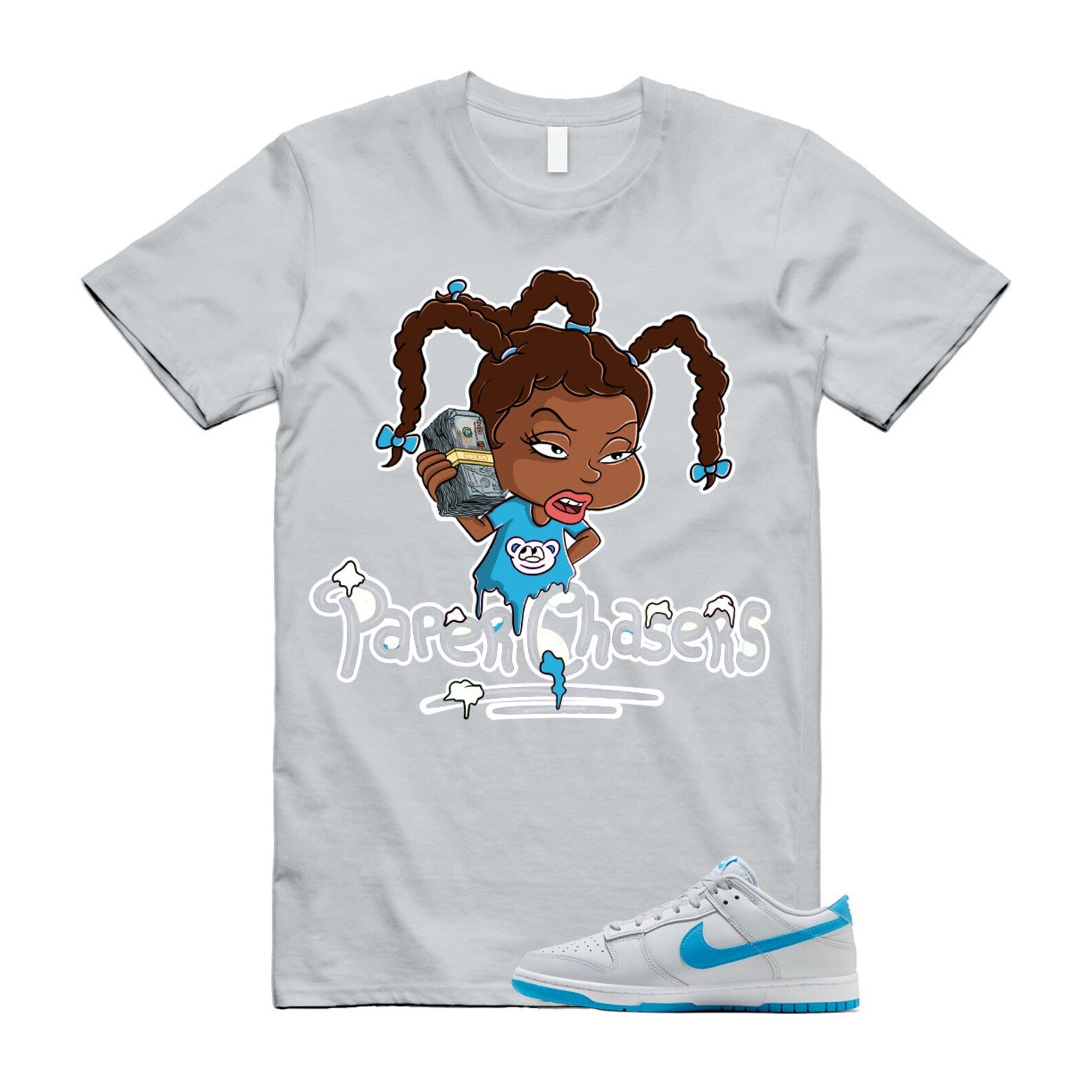 PC T Shirt to match N Dunk Low Retro Pure Platinum Blue Grey Lightning White Silhouette T-Shirt, Sneaker Match Tee