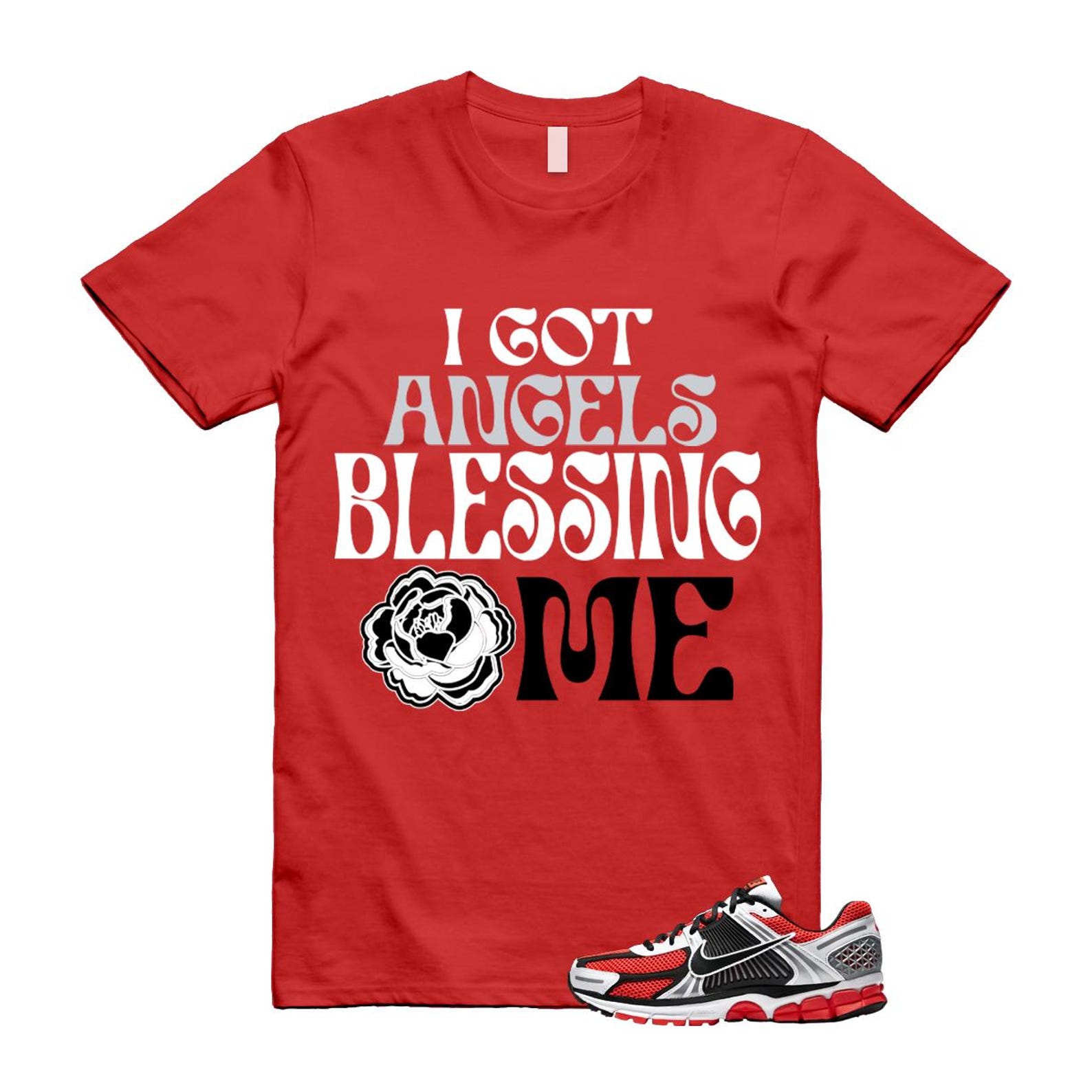 Zoom Vomero 5 Bright Crimson Silver Black White T Shirt Match ANGELS T-Shirt, Sneaker Match Tee