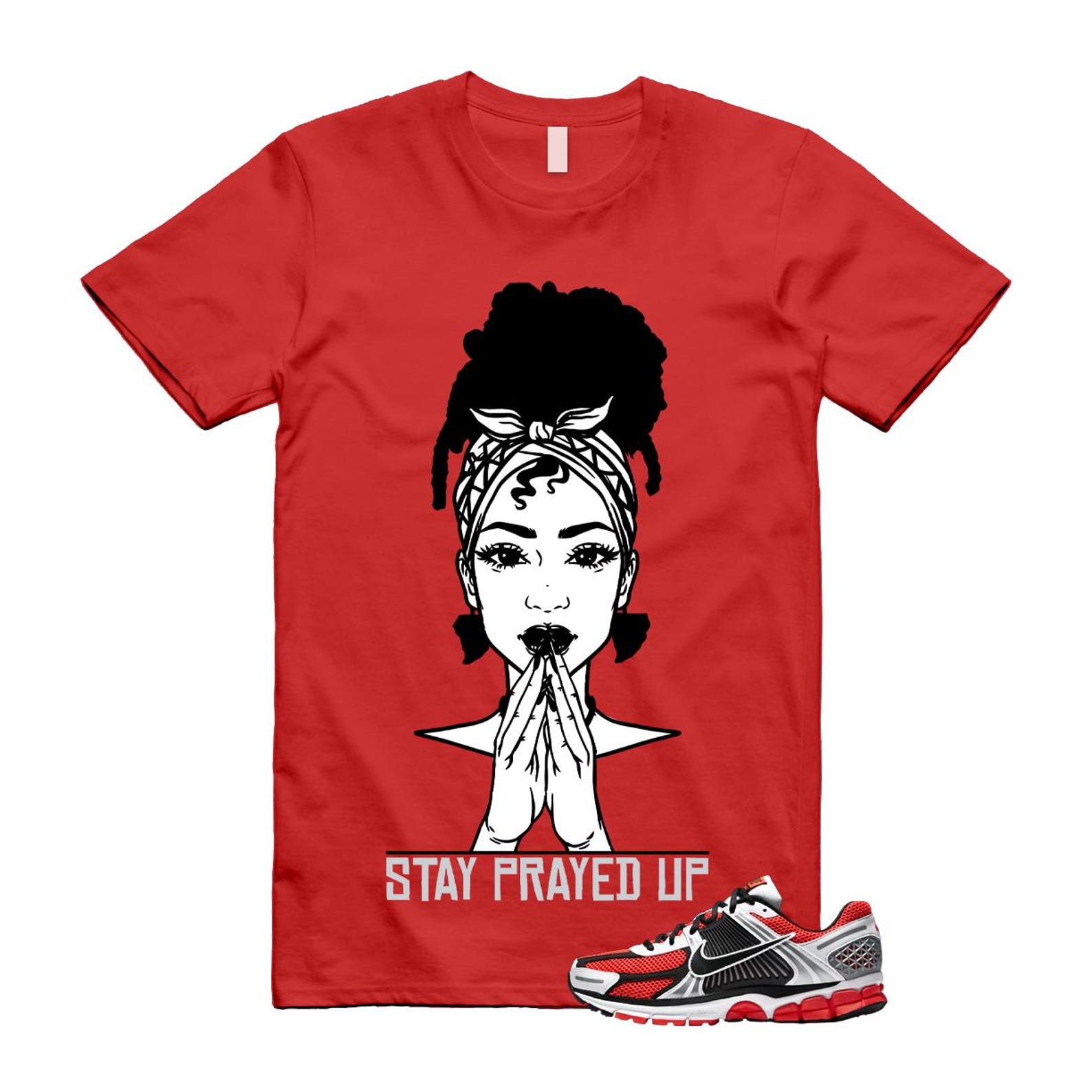 Zoom Vomero 5 Bright Crimson Silver Black White T Shirt Match PRAY T-Shirt, Sneaker Match Tee