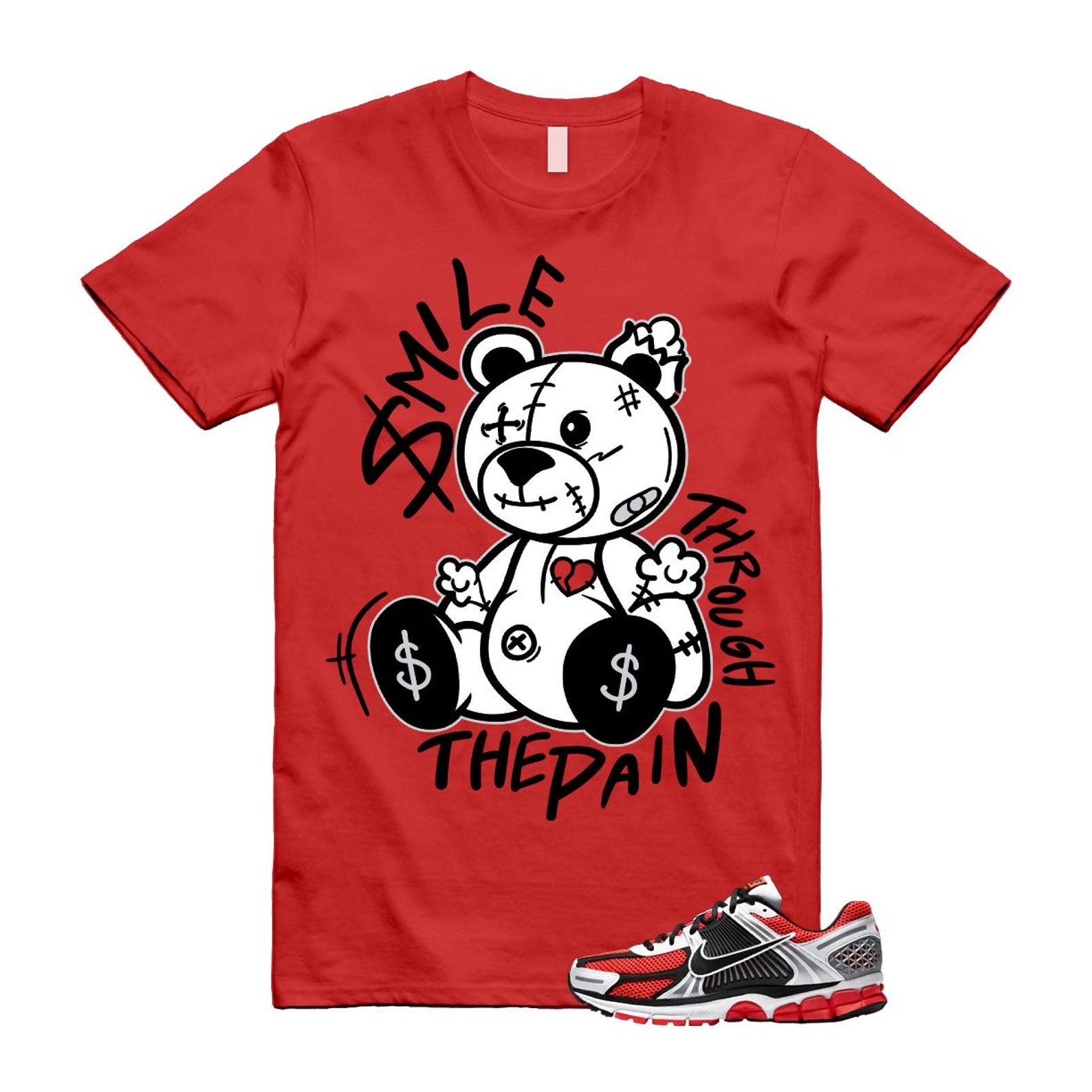 Zoom Vomero 5 Bright Crimson Silver Black White T Shirt Match Smile Through The Pain T-Shirt, Sneaker Match Tee
