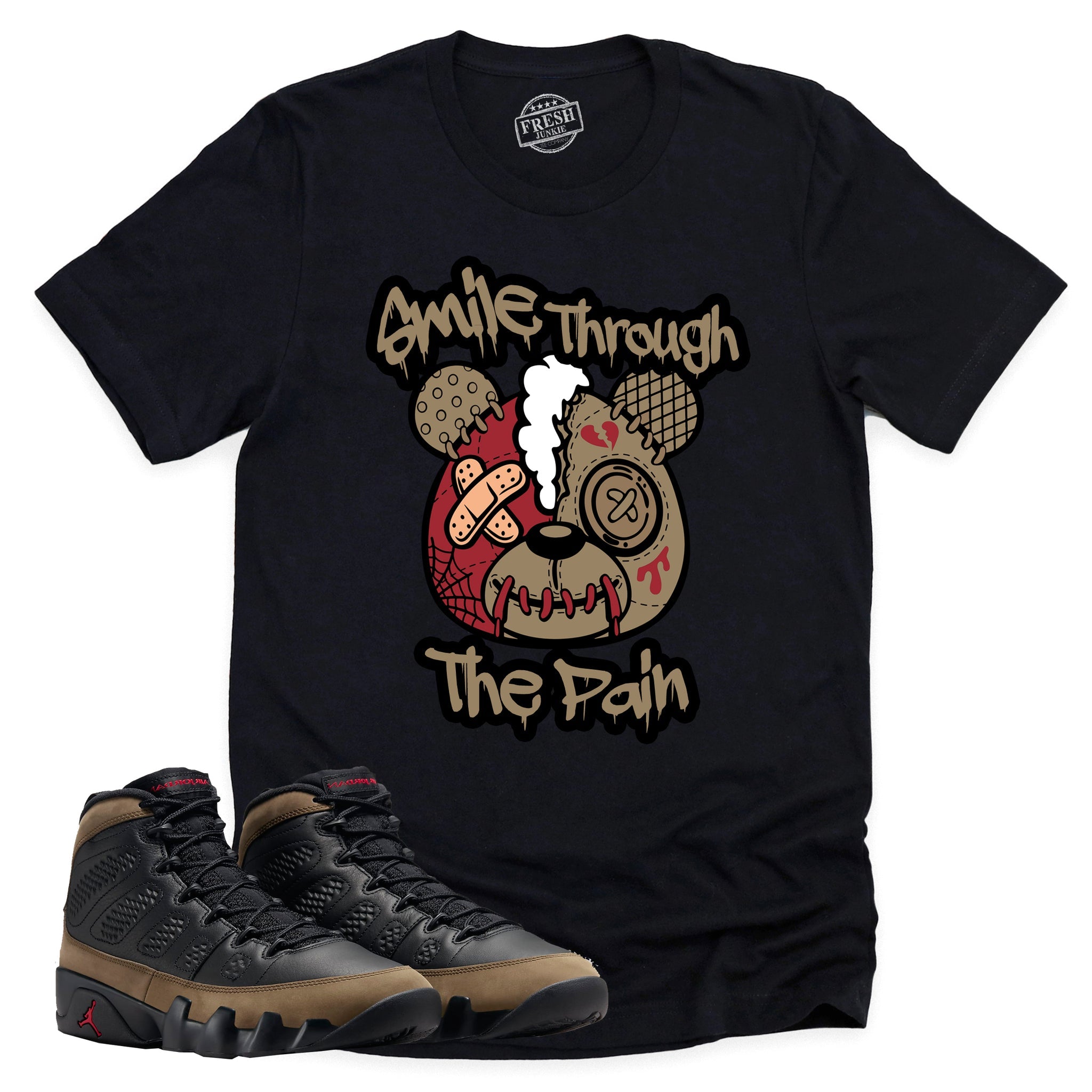 Smile Through The Pain Shirt, Retro Air Jordan 9 Olive Shirt Match Sneaker ,HV4794-030 T-Shirt, Sneaker Match Tee