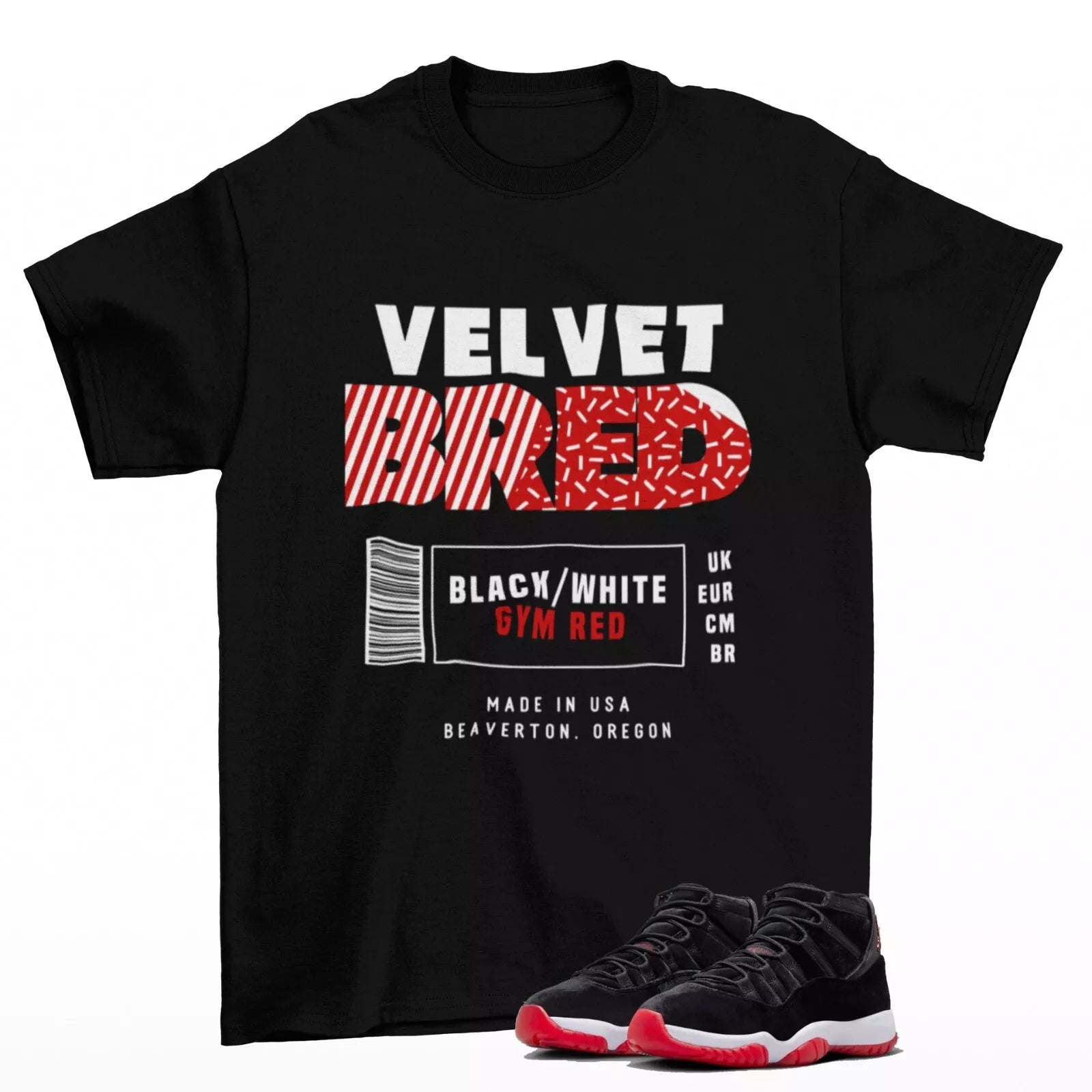Box Label Shirt Black to Match Jordan 11 Retro Bred Velvet DB5457-061 T-Shirt, Sneaker Match Tee