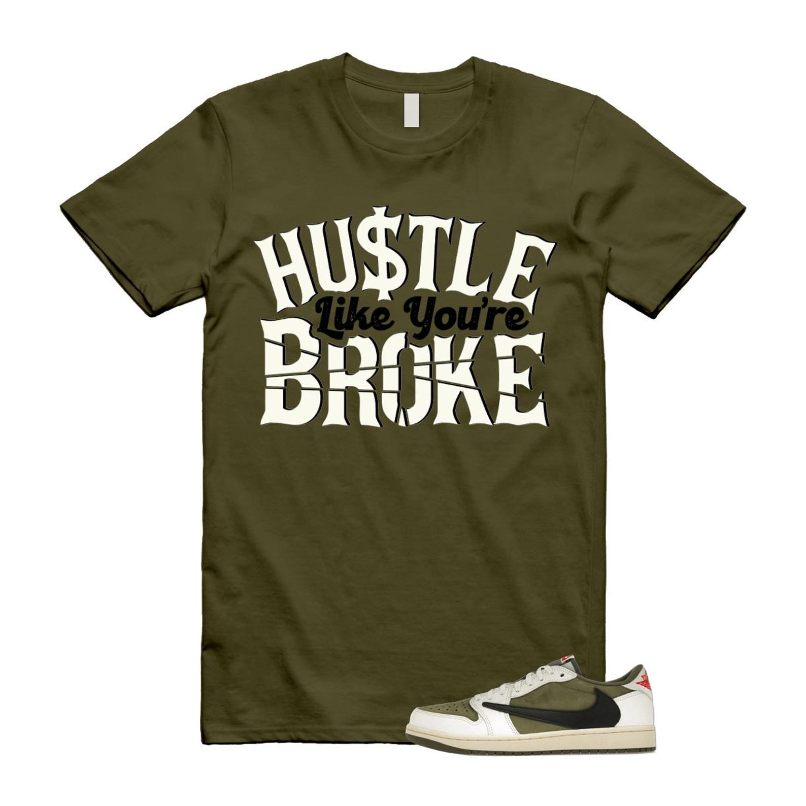1 Travis Scott Medium Olive Black Sail Muslin Retro Low OG SP T Shirt Match BROKE DM7866-200 T-Shirt, Sneaker Match Tee