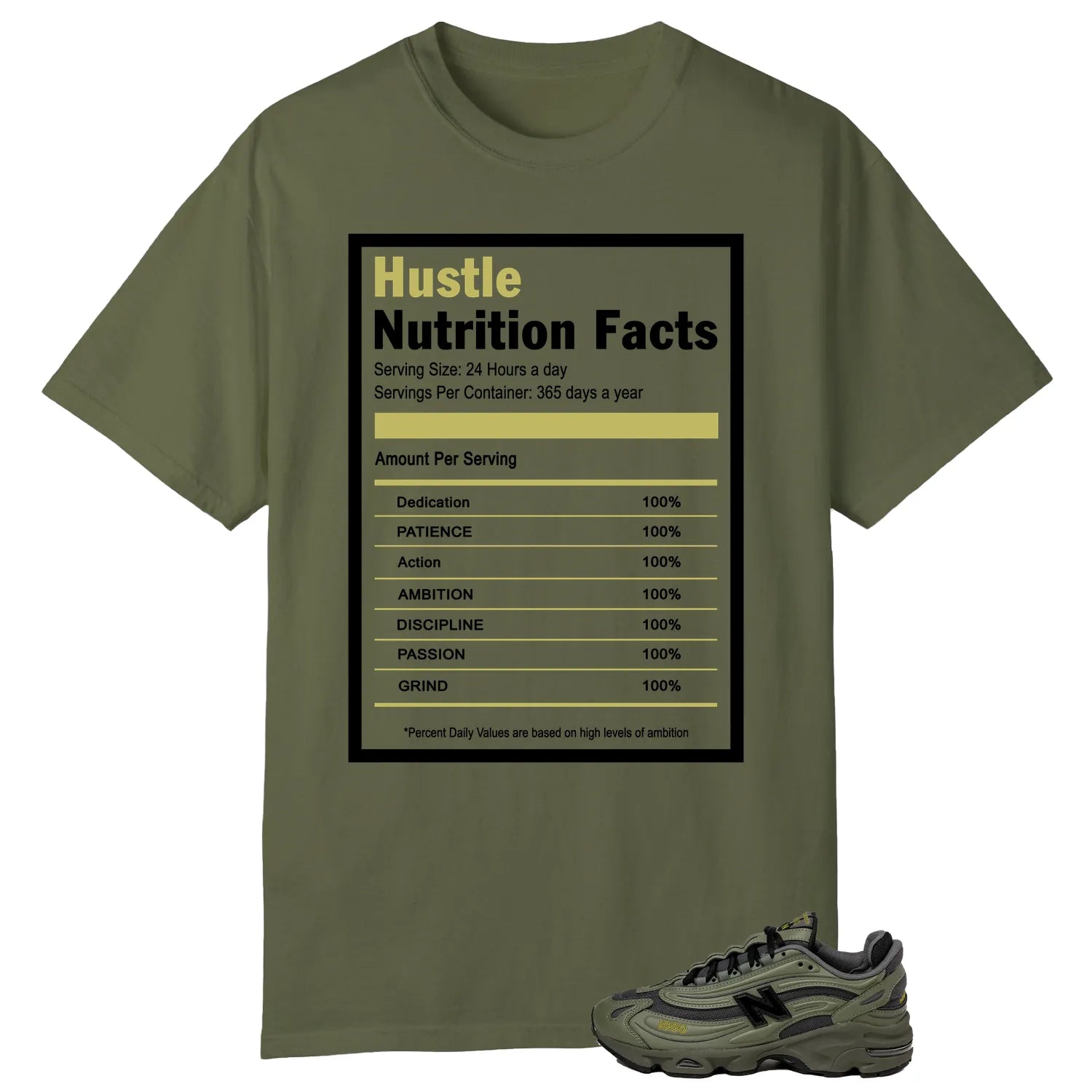 Hustle Facts: Motivational Graphic for New Balance 1000 Dark Olivine M1000EA T-Shirt, Sneaker Match Tee