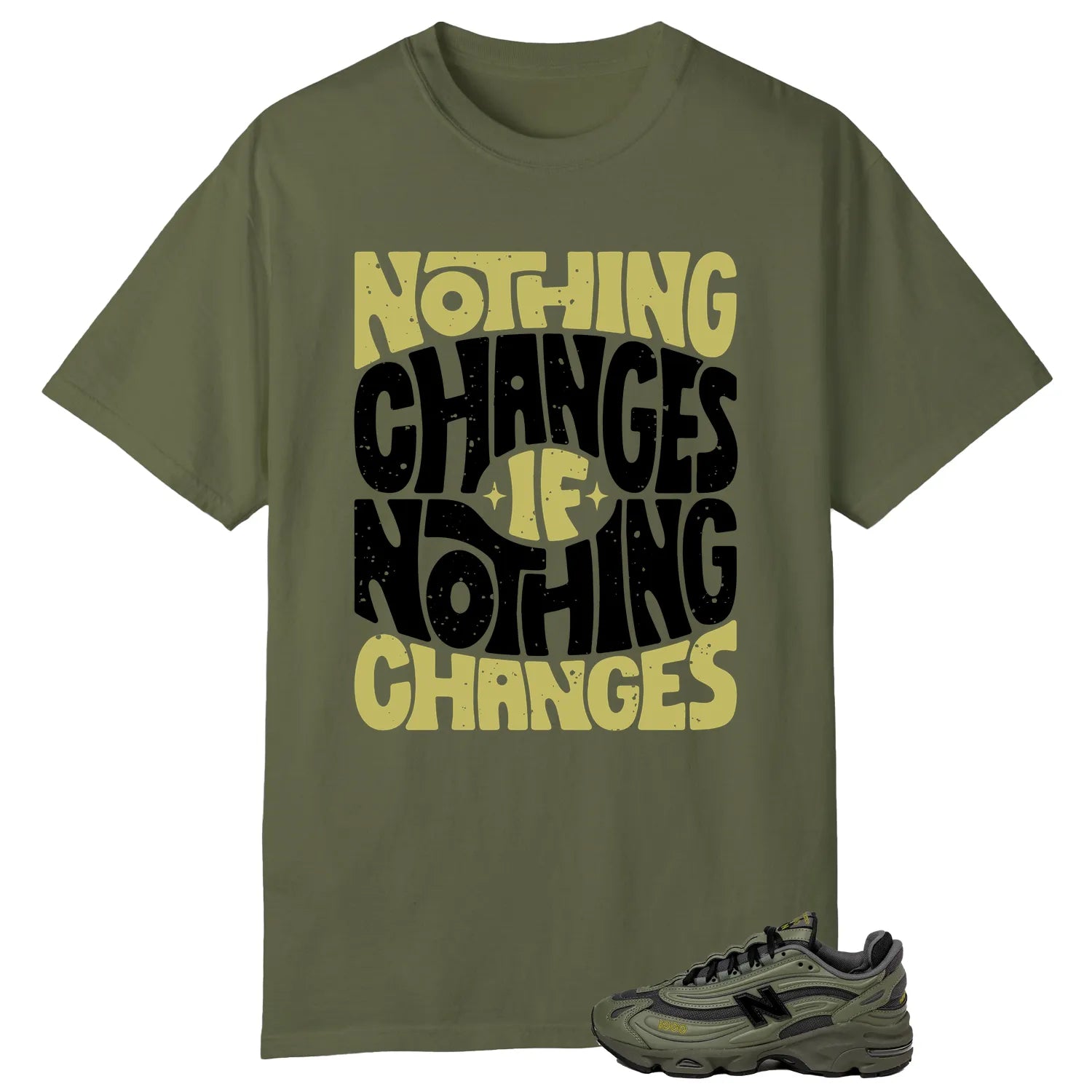 New Balance 1000 Dark Olivine Style: Nothing Changes Tee M1000EA T-Shirt, Sneaker Match Tee