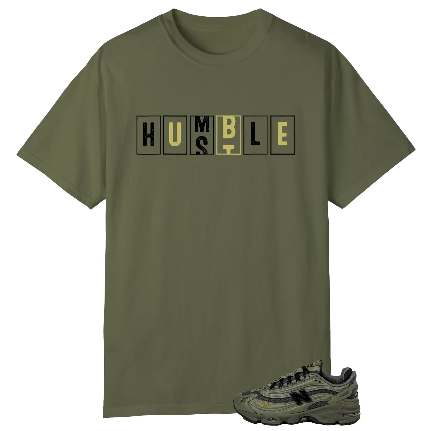 New Balance 1000 Dark Olivine , Hustle Humble T-Shirt M1000EA T-Shirt, Sneaker Match Tee