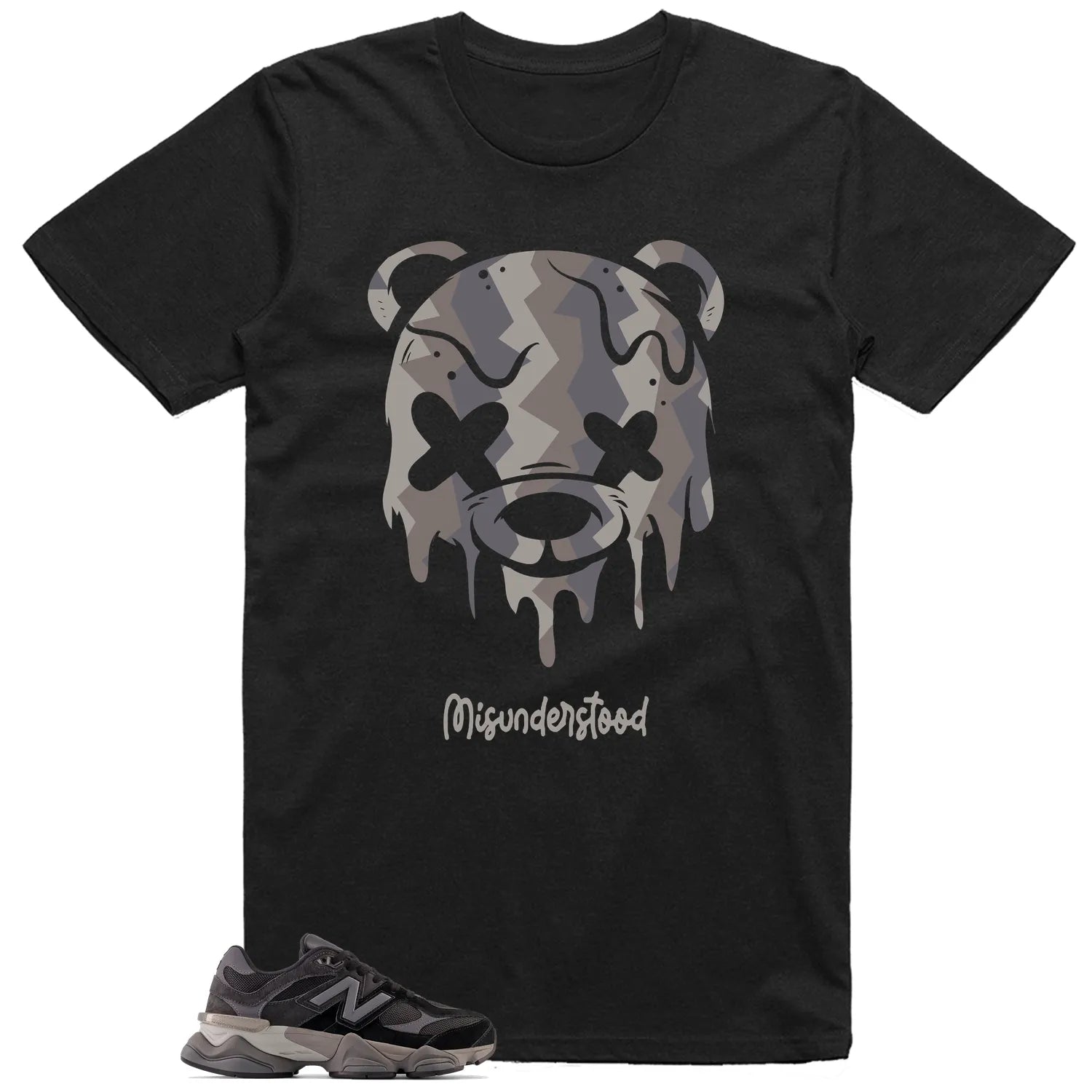 New Balance 9060 Black Castlerock Grey Matching Tee , Drippy Bear Graphic U9060BLK T-Shirt, Sneaker Match Tee