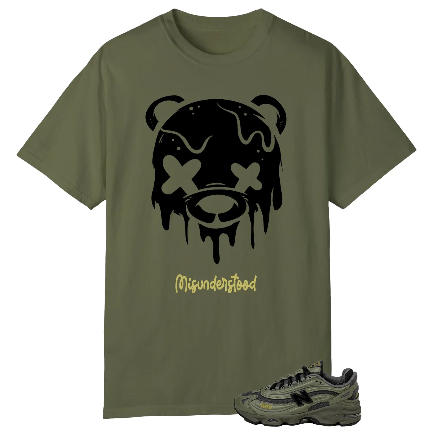 New Balance 1000 Dark Olivine Matching Tee , Drippy Bear Graphic M1000EA T-Shirt, Sneaker Match Tee