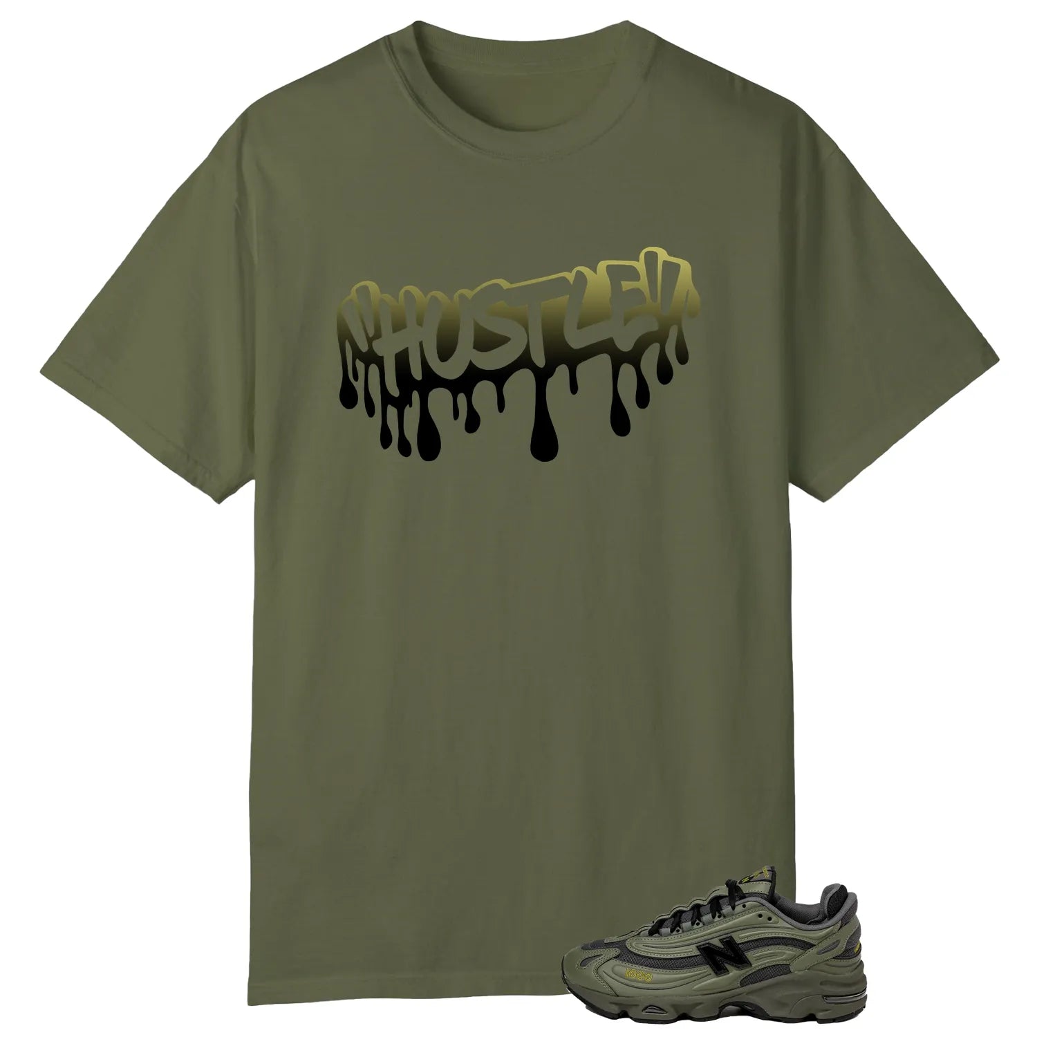Hustle Drip Tee Matching New Balance 1000 Dark Olivine M1000EA T-Shirt, Sneaker Match Tee