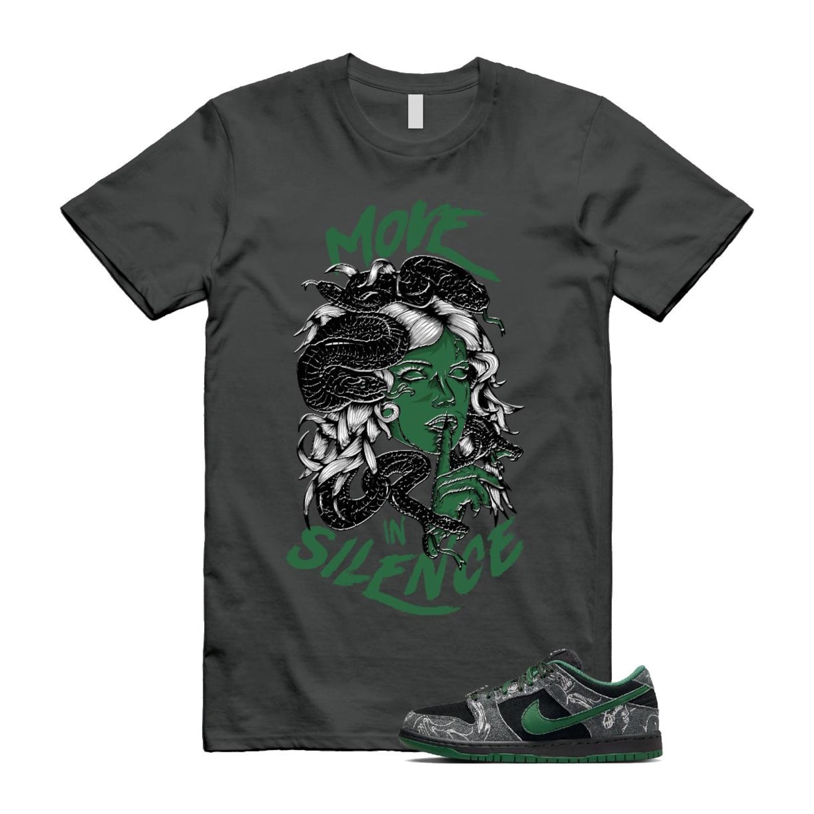 Dunk There Skateboards Grey Black Gorge Green Summit White SB Low T Shirt Match MOVE IN SILENCE HF7743-001 T-Shirt, Sneaker Match Tee