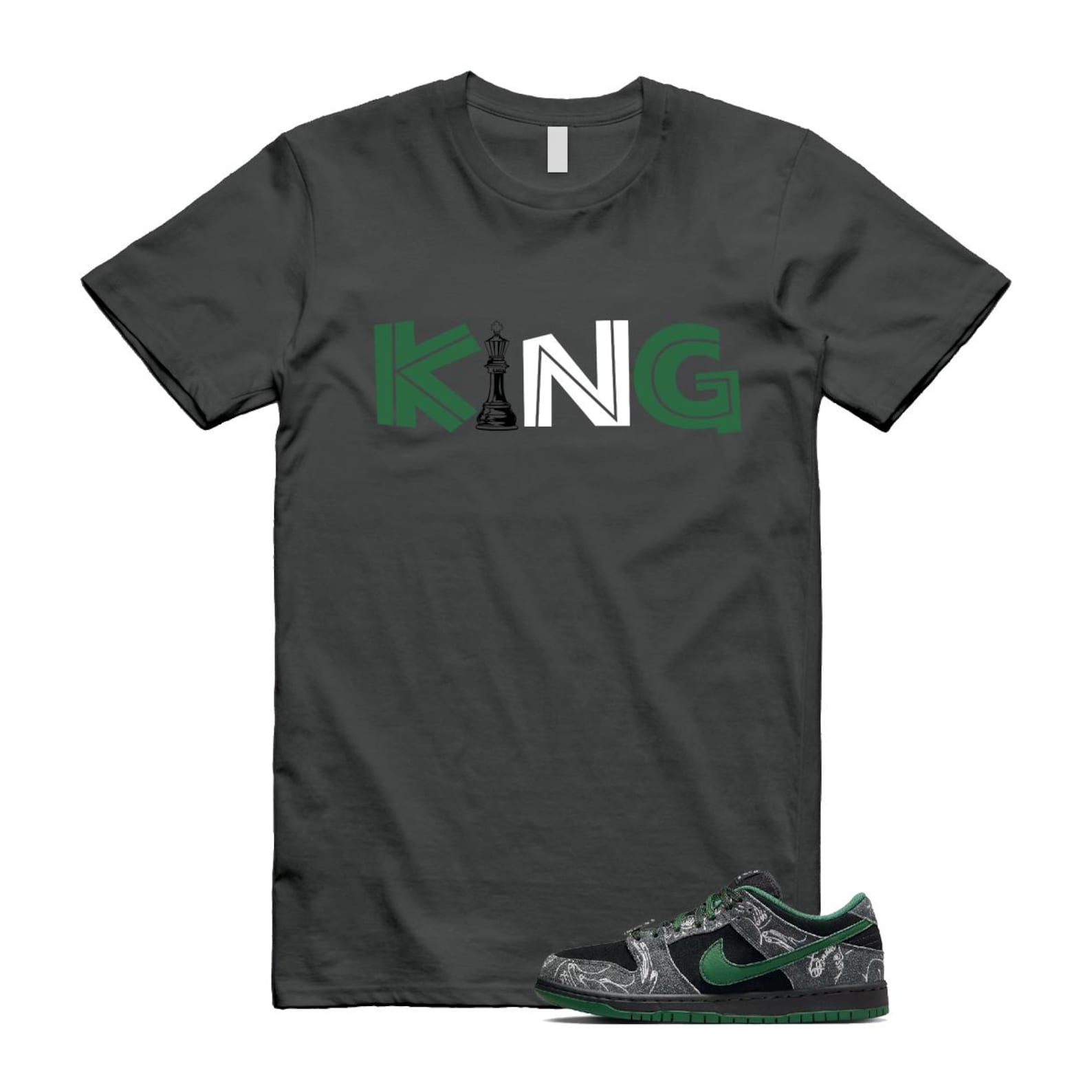 Dunk There Skateboards Grey Black Gorge Green Summit White SB Low T Shirt Match KING HF7743-001 T-Shirt, Sneaker Match Tee