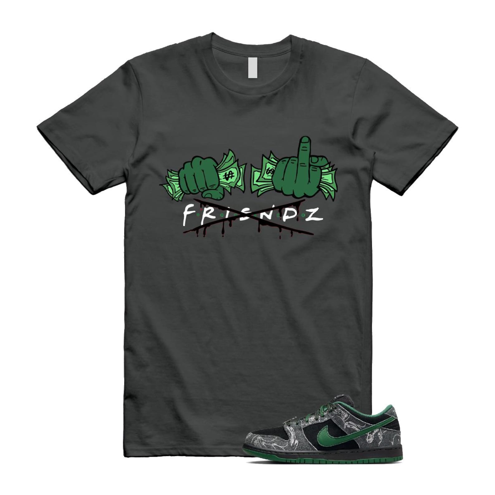 Dunk There Skateboards Grey Black Gorge Green Summit White SB Low T Shirt Match FRIENDZ HF7743-001 T-Shirt, Sneaker Match Tee