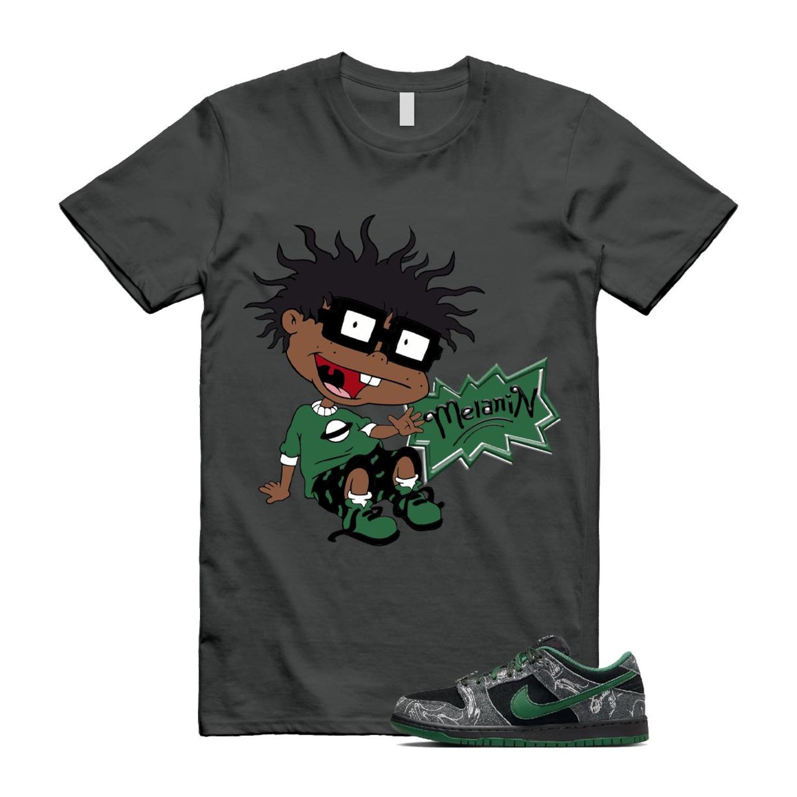 Dunk There Skateboards Grey Black Gorge Green Summit White SB Low T Shirt Match MELANIN HF7743-001 T-Shirt, Sneaker Match Tee