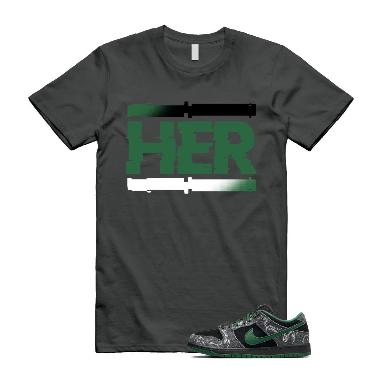 Dunk There Skateboards Grey Black Gorge Green Summit White SB Low T Shirt Match HER HF7743-001 T-Shirt, Sneaker Match Tee
