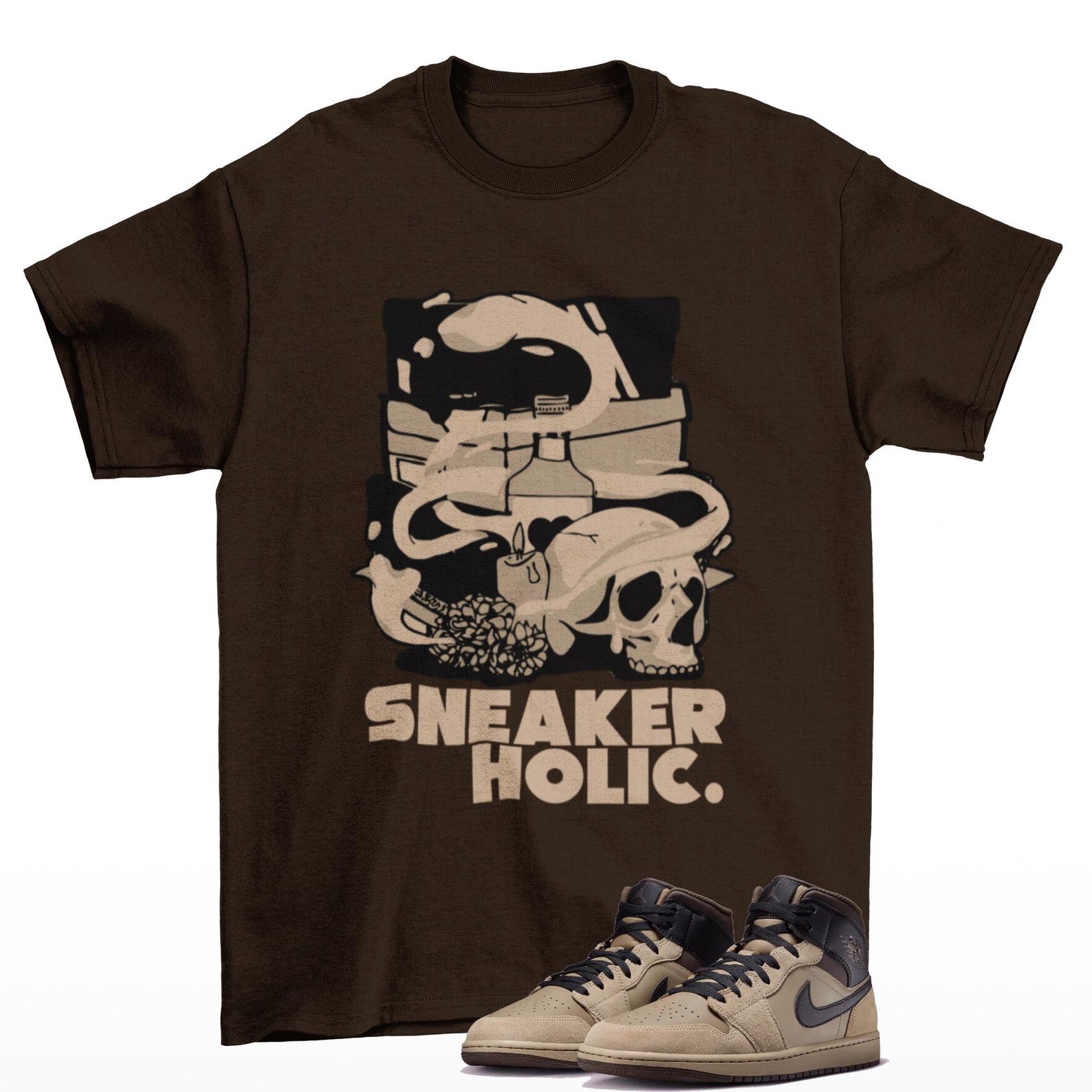 Sneaker Holic Sneaker T Shirt to Match Jordan 1 Mid Khaki Baroque Brown, HV6422-200 T-Shirt, Sneaker Match Tee