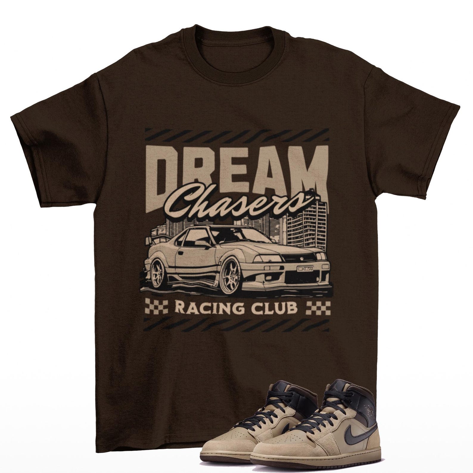 Dream Chaser Sneaker T Shirt to Match Jordan 1 Mid Khaki Baroque Brown, HV6422-200 T-Shirt, Sneaker Match Tee