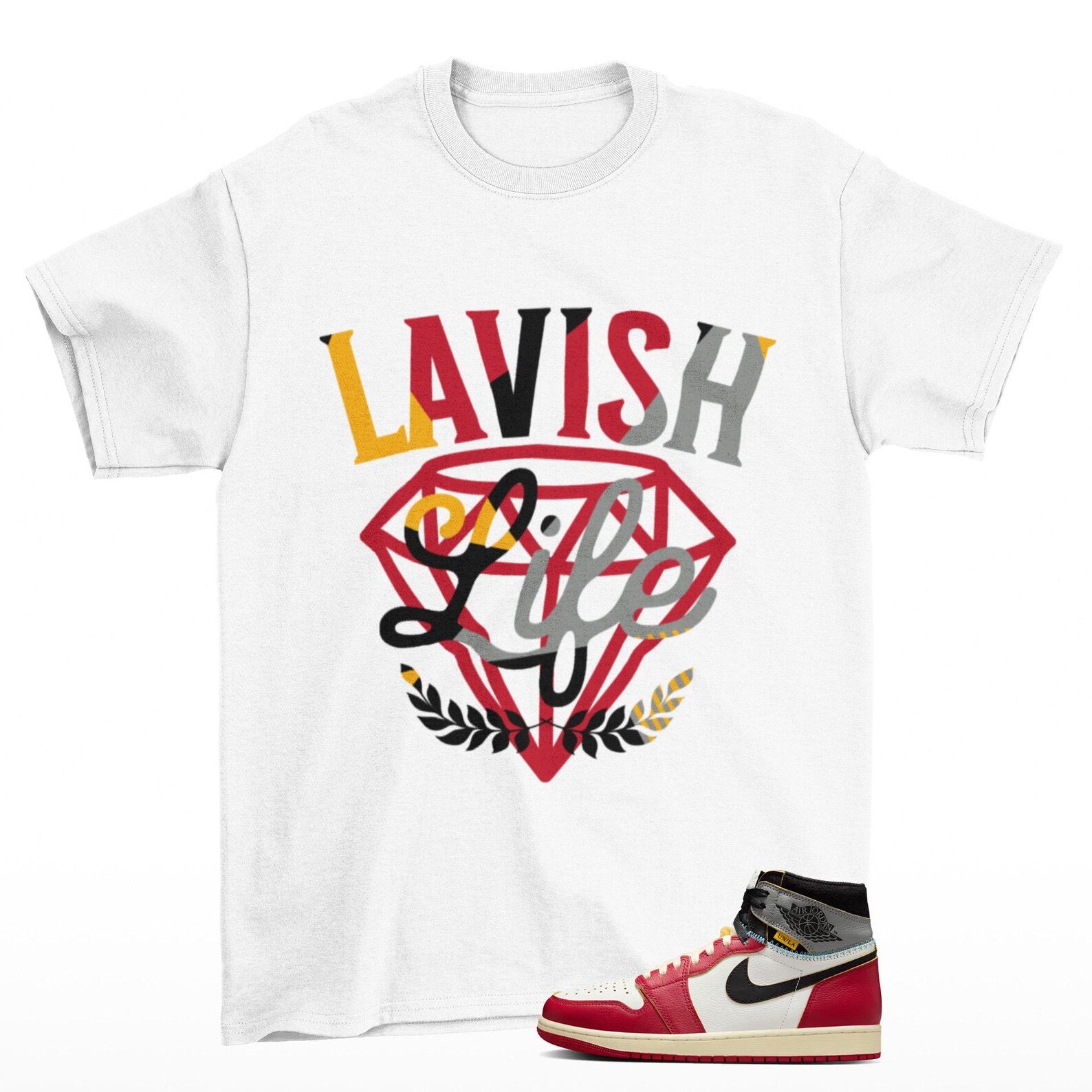 Lavish Sneaker T Shirt White to Match Jordan 1 High Union, HV8563-600 T-Shirt, Sneaker Match Tee
