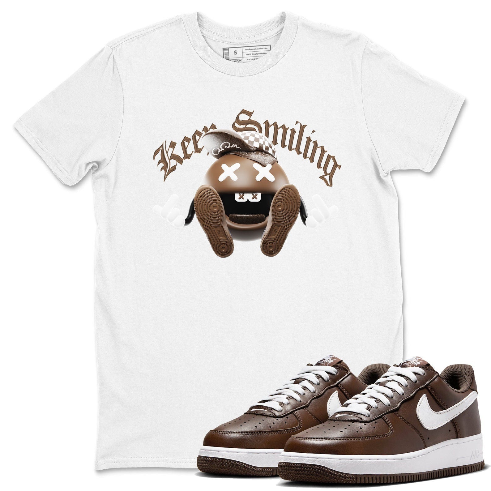 Keep Smiling Sneaker Tee - Casual Unisex Cotton Sneaker T-Shirt To Match Air Force 1 Chocolate T-Shirt, Sneaker Match Tee