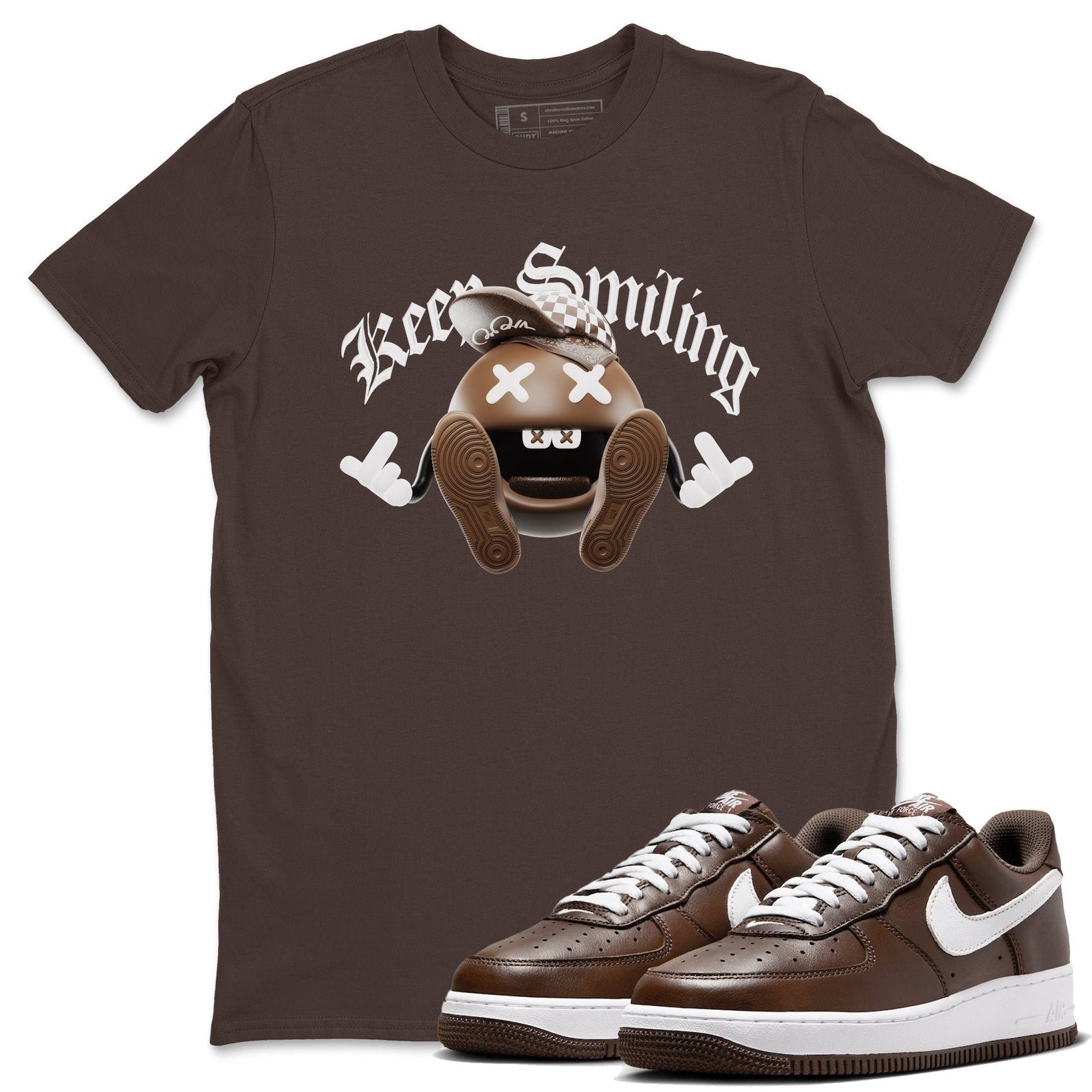 Keep Smiling Sneaker Tee - Casual Unisex Cotton Sneaker T-Shirt To Match Air Force 1 Chocolate T-Shirt, Sneaker Match Tee