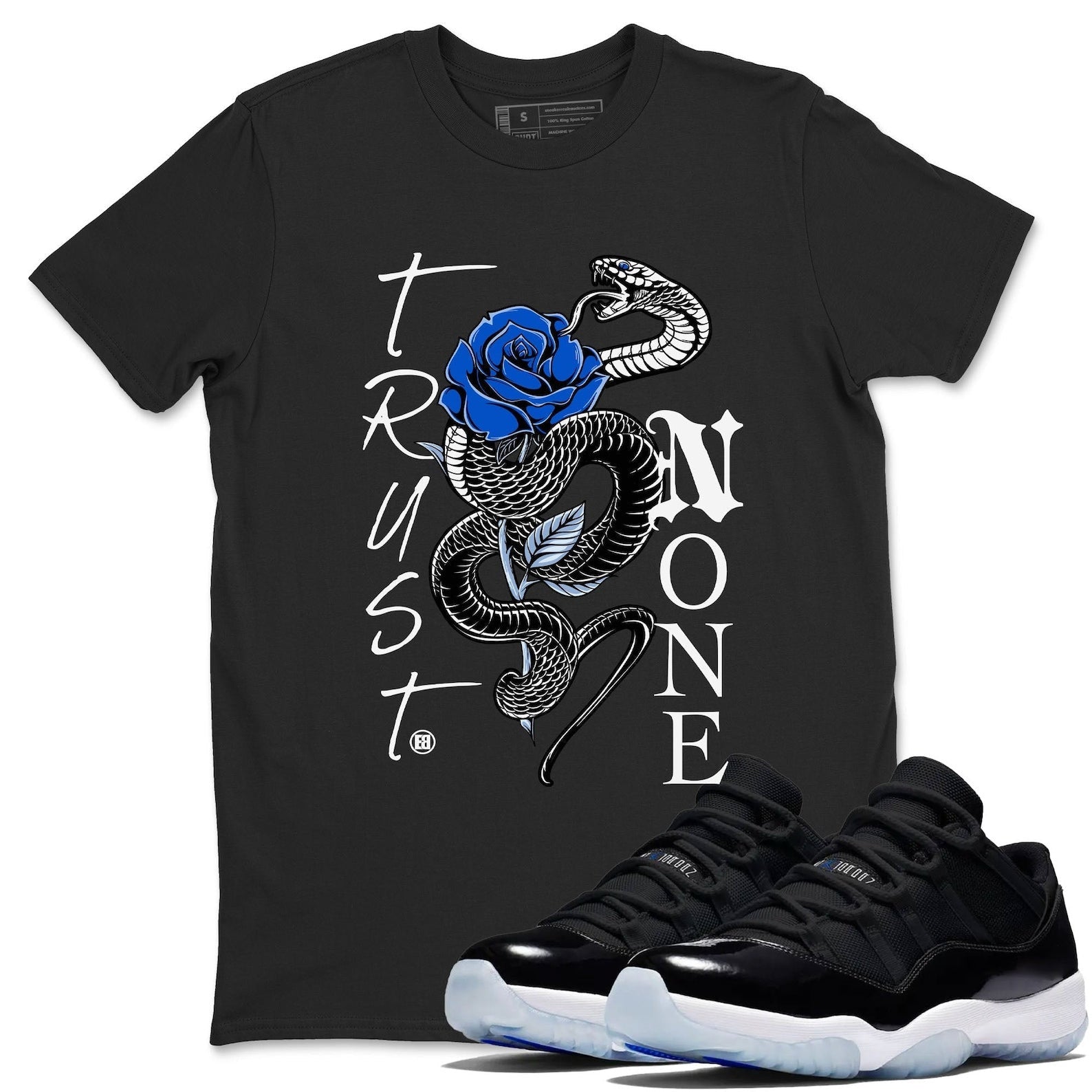 Trust None Unisex Tee - Shirts To Match Jordans 11s Black and Varsity Royal T-Shirt, Sneaker Match Tee