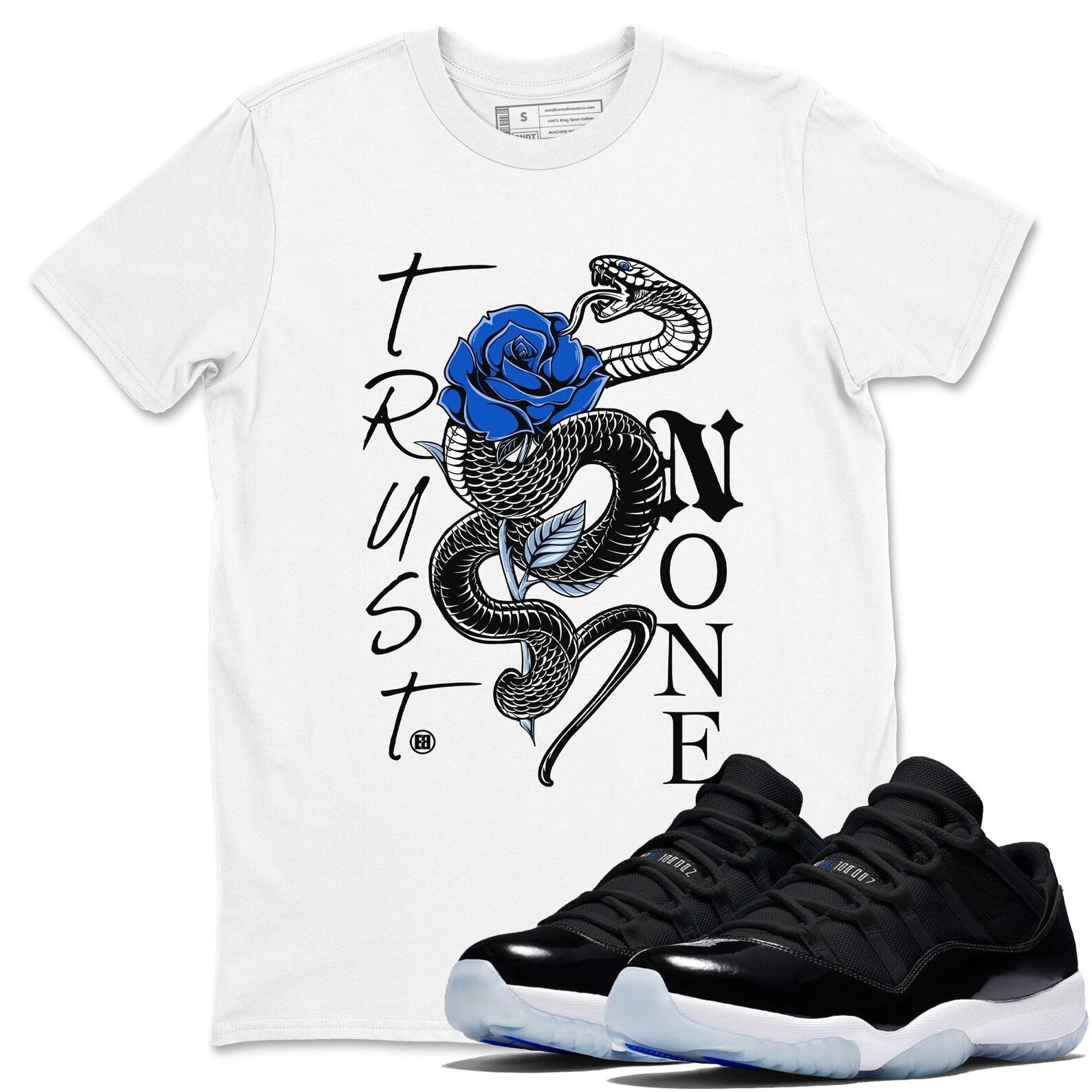 Trust None Unisex Tee - Shirts To Match Jordans 11s Black and Varsity Royal T-Shirt, Sneaker Match Tee
