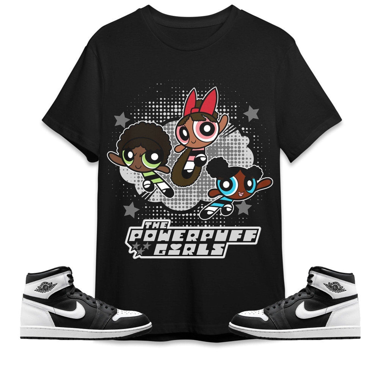 Black Powerpuff Girls Unisex Tees Jordan 1 Retro High OG Black White to match Sneaker, Outfit Back to School Jordan Hoodie T-Shirt, Sneaker Match Tee