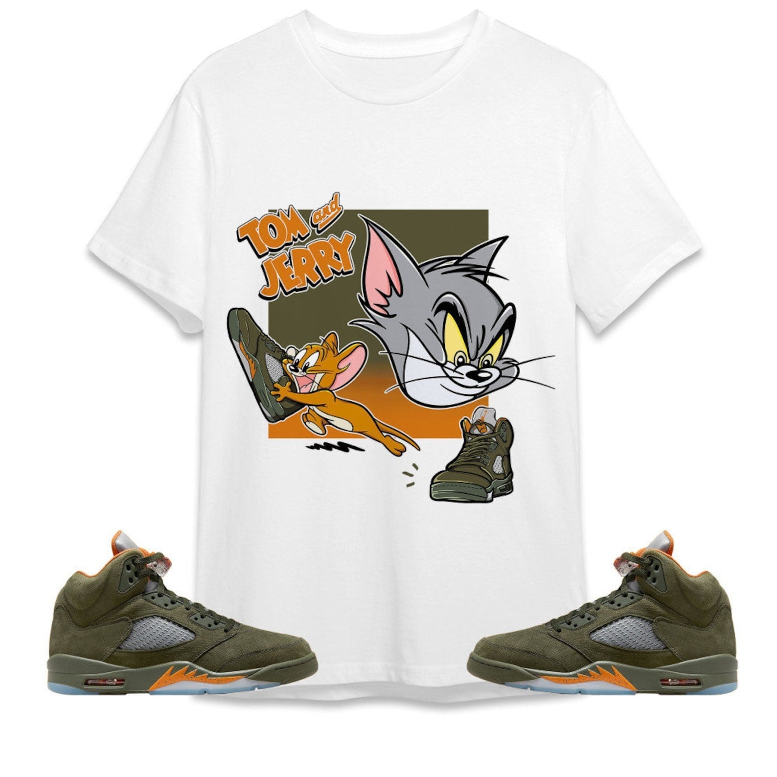 Cat And Mouse Sneakers Unisex Tees Jordan 5 Olive to match Sneaker, Outfit back to school graphic Tees T-Shirt, Sneaker Match Tee