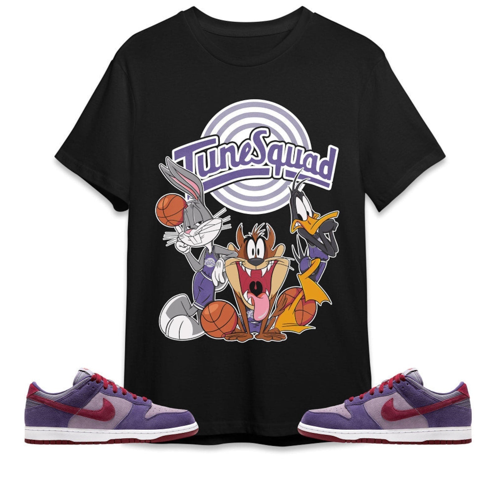 Tune Friends Unisex Tees Dunk Low Plum streetwear, cartoon 90s jordan Tees, Outfit birthday gift friends T-Shirt, Sneaker Match Tee