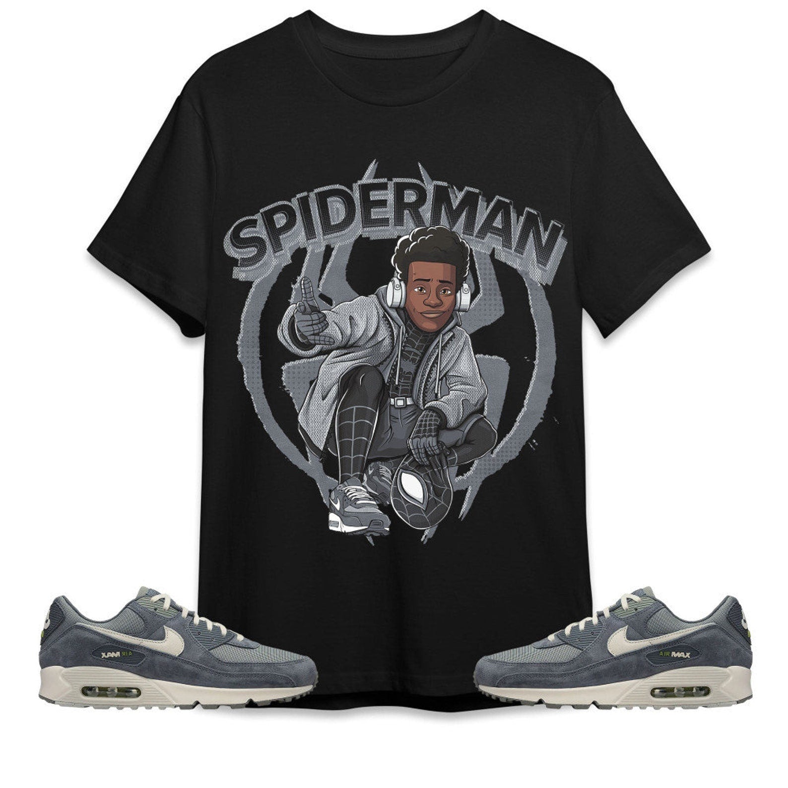 Spiderman Miles Unisex Tees Air Max 90 Iron Grey streetwear cartoon 90s, Outfit back to school, Sneaker match Tees T-Shirt, Sneaker Match Tee