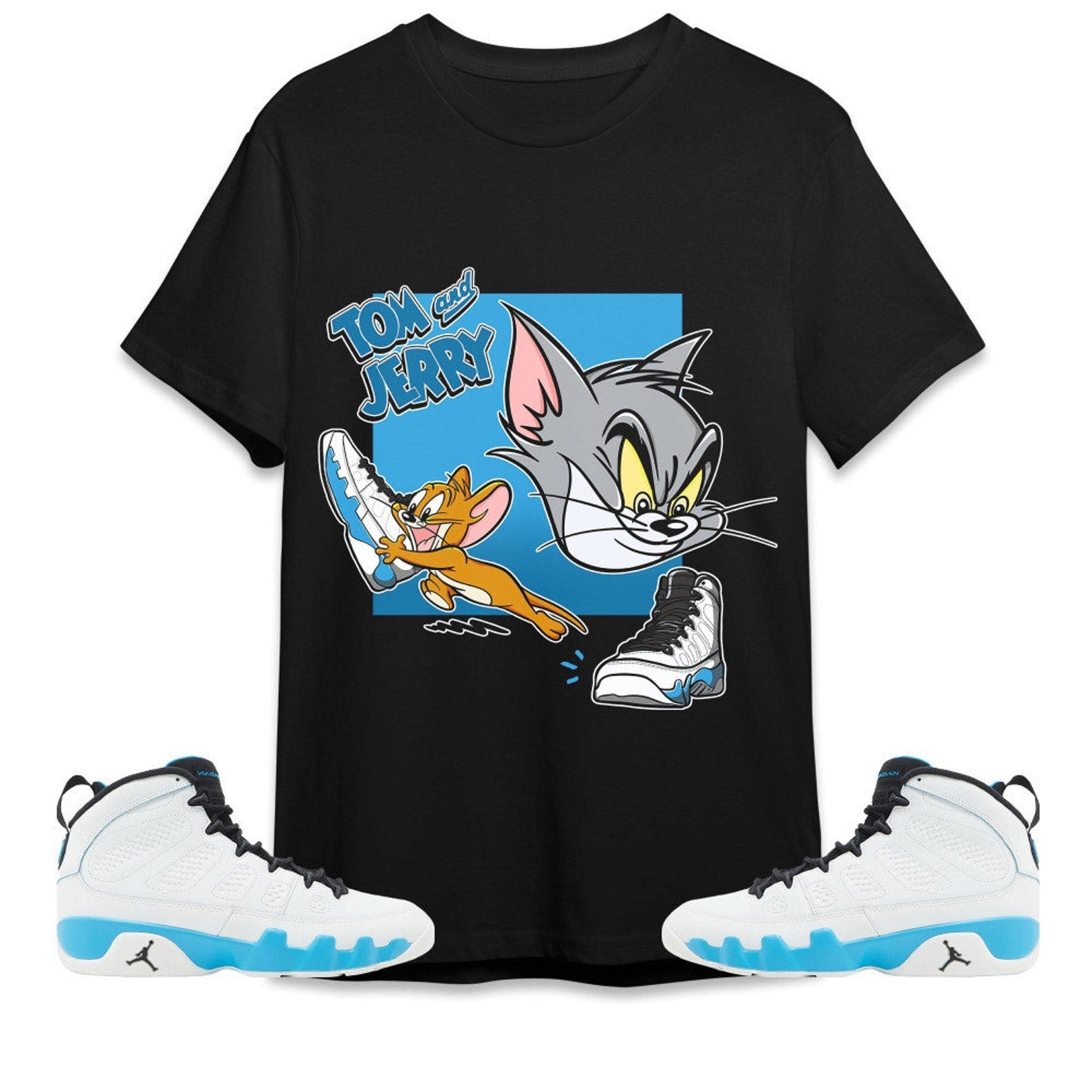 Cat And Mouse Sneakers Unisex Tees Jordan 9 Powder Blue to match Sneaker, Outfit back to school graphic Tees T-Shirt, Sneaker Match Tee