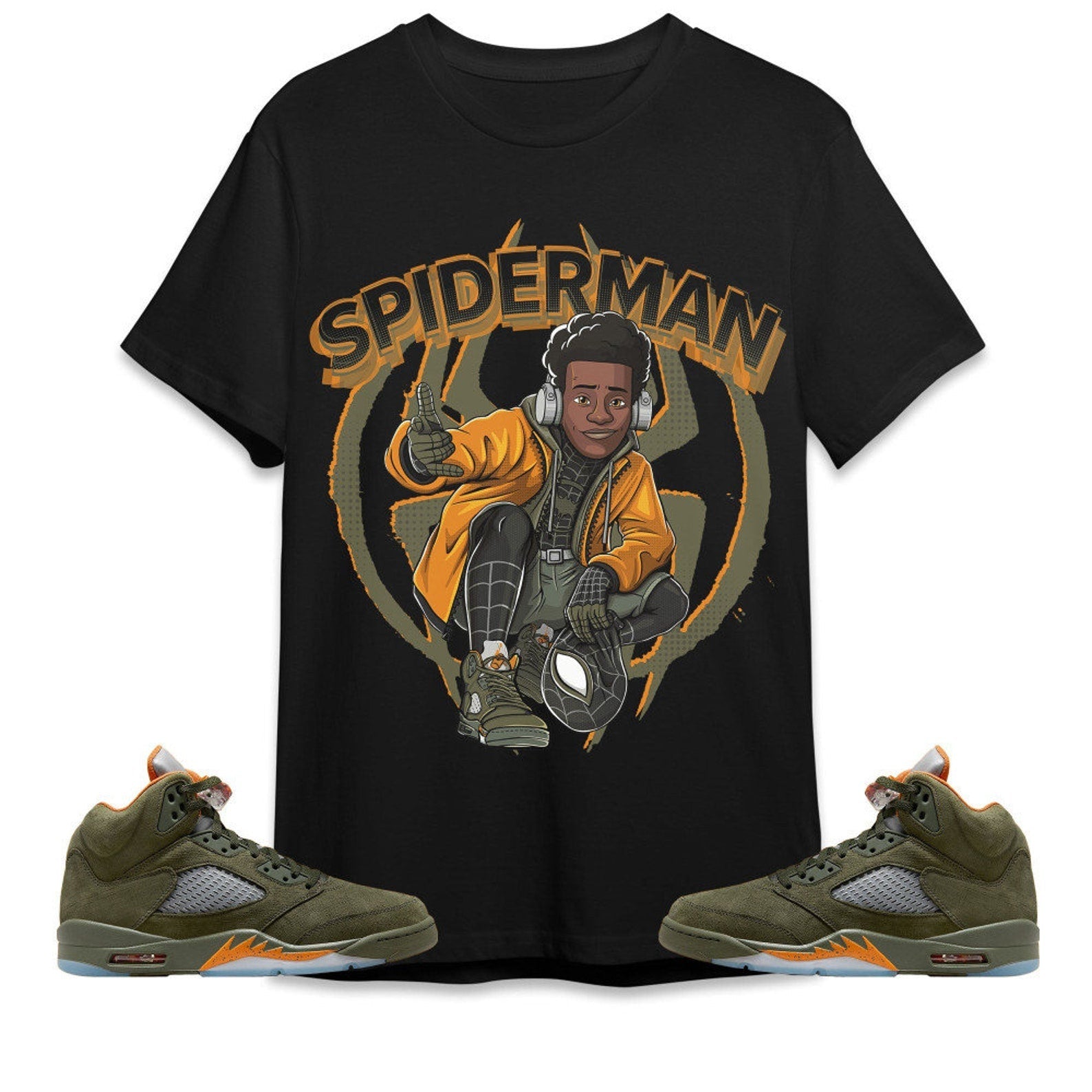 Spiderman Miles Unisex Tees Jordan 5 Olive to match Sneaker, Outfit birthday graphic Tees T-Shirt, Sneaker Match Tee