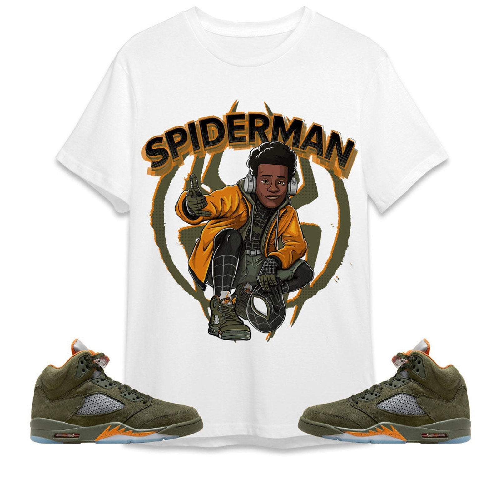 Spiderman Miles Unisex Tees Jordan 5 Olive to match Sneaker, Outfit birthday graphic Tees T-Shirt, Sneaker Match Tee