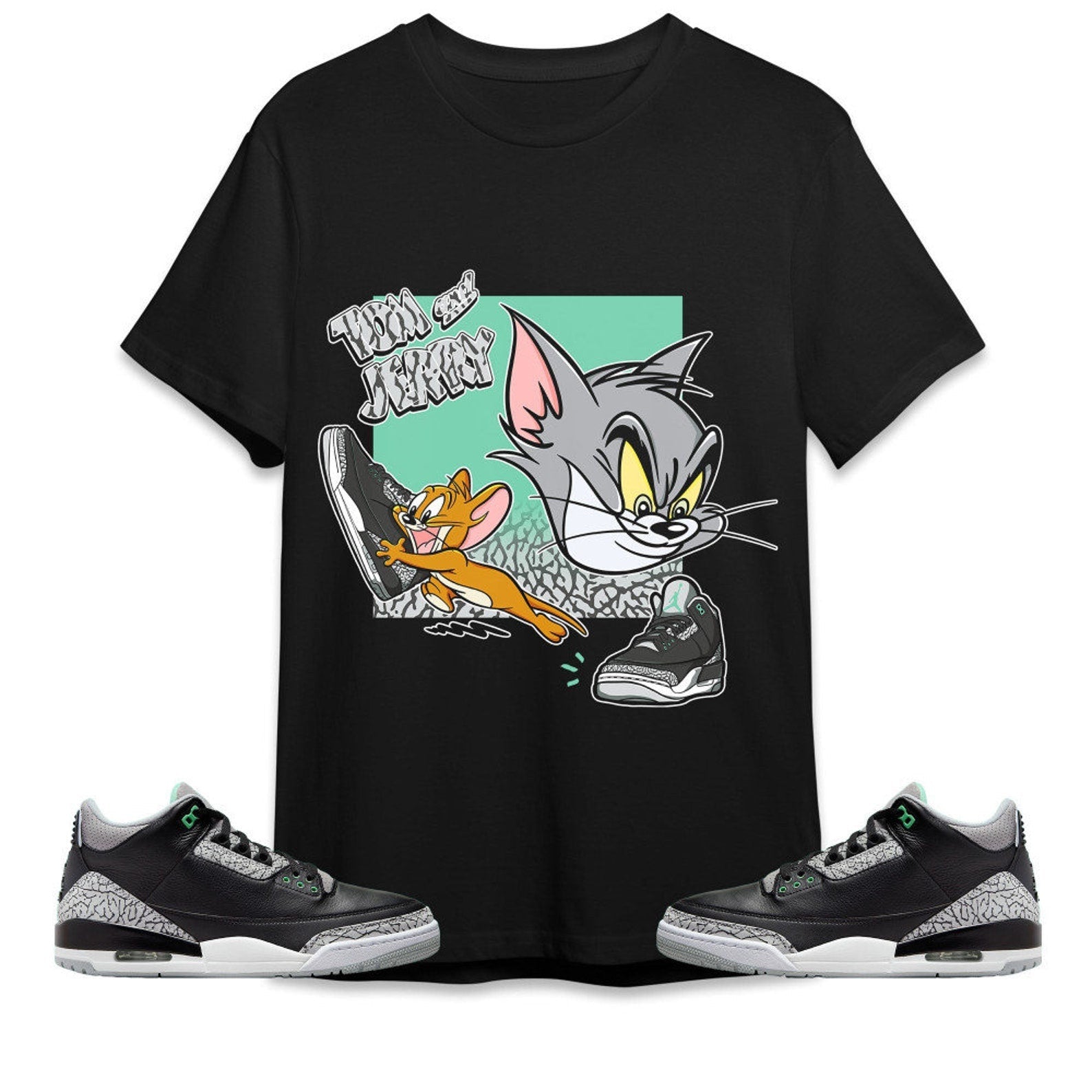 Cat And Mouse Sneakers Unisex Tees Jordan 3 Green Glow to match Sneaker, Outfit back to school graphic Tees T-Shirt, Sneaker Match Tee