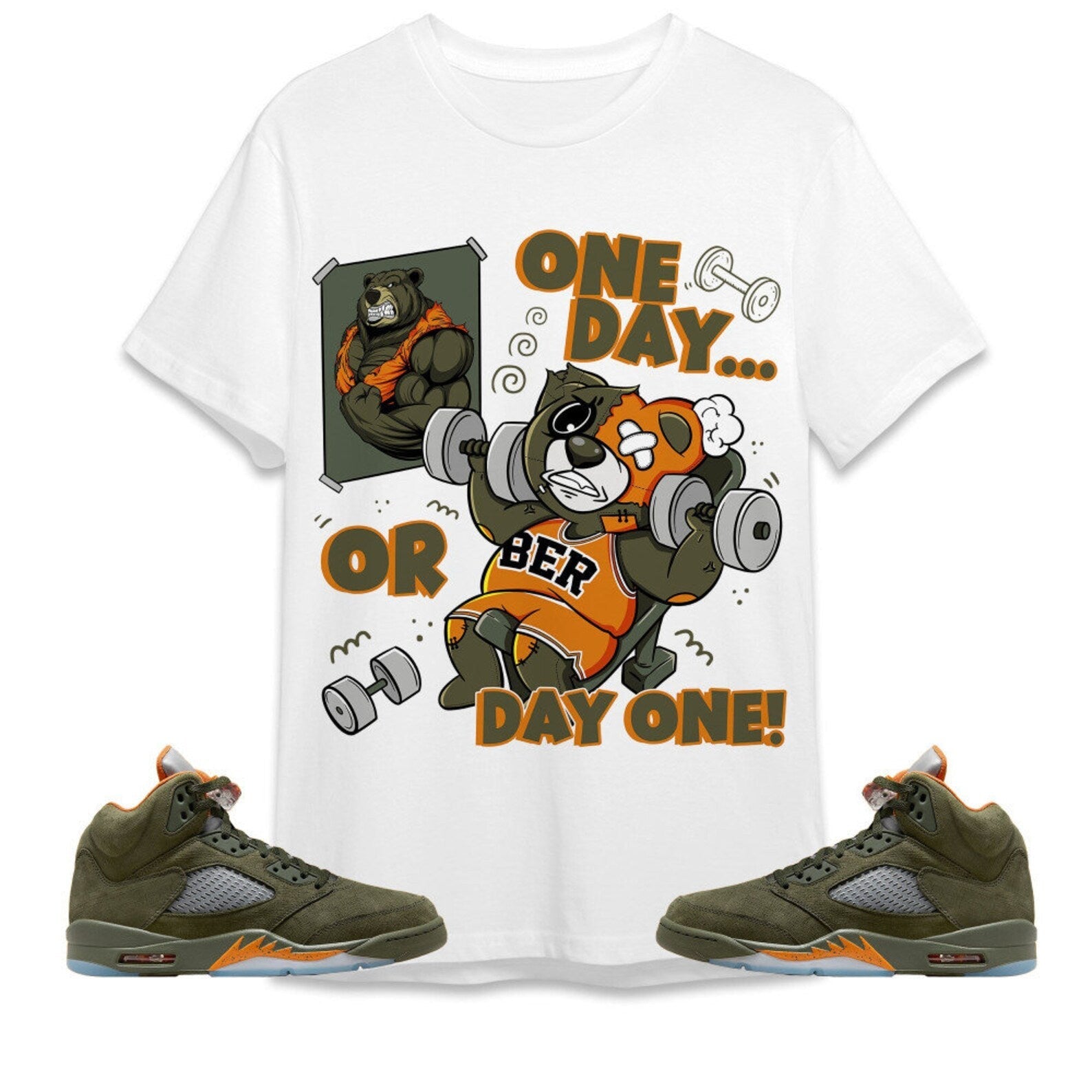 BER Gymmer Unisex Tees Jordan 5 Olive to match Sneaker, Outfit For Work Cute Gymmer match Jordan T-Shirt, Sneaker Match Tee