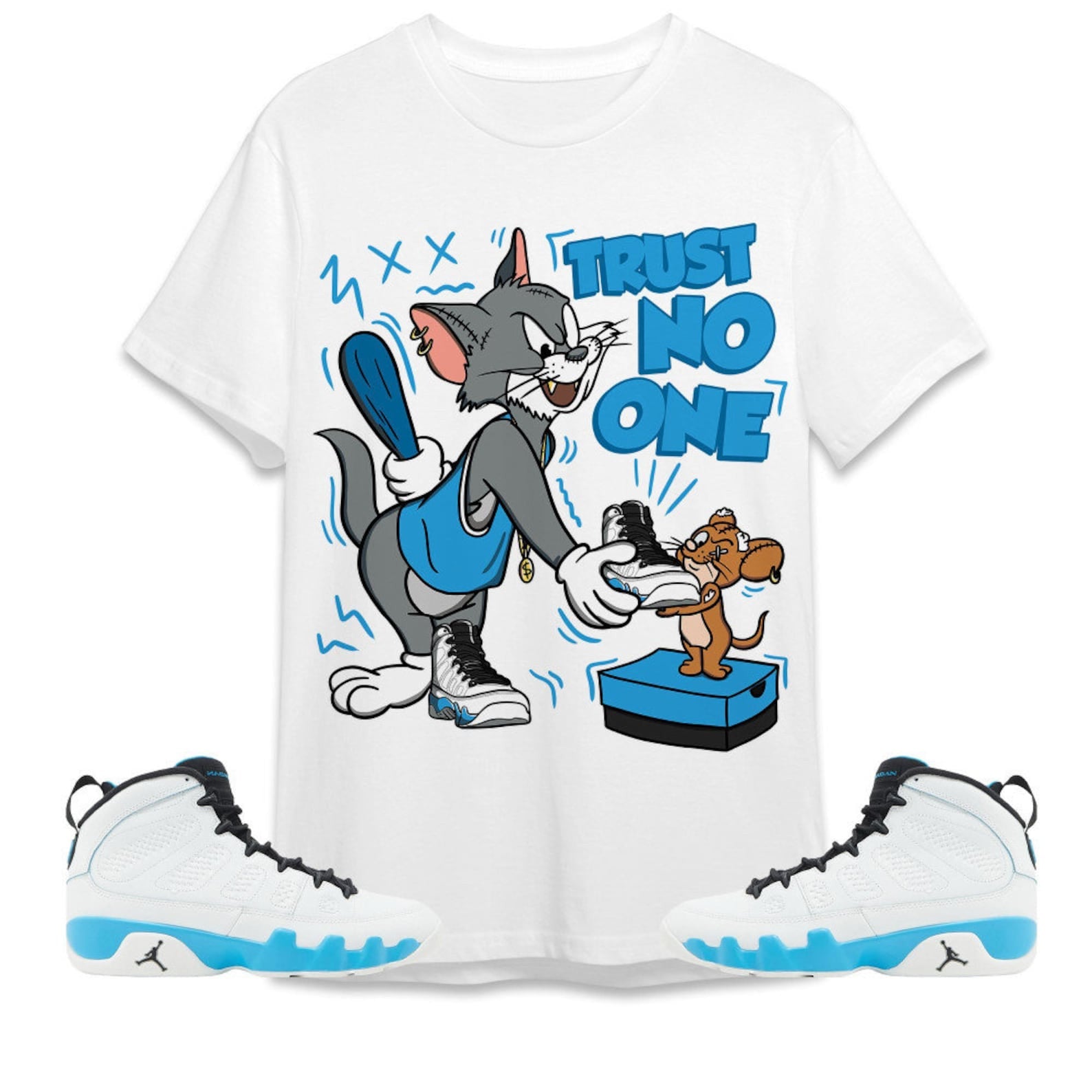 Trust No One Cat And Mouse Unisex Tees Jordan 9 Powder Blue to match Sneaker, Outfit back to school graphic Tees T-Shirt, Sneaker Match Tee