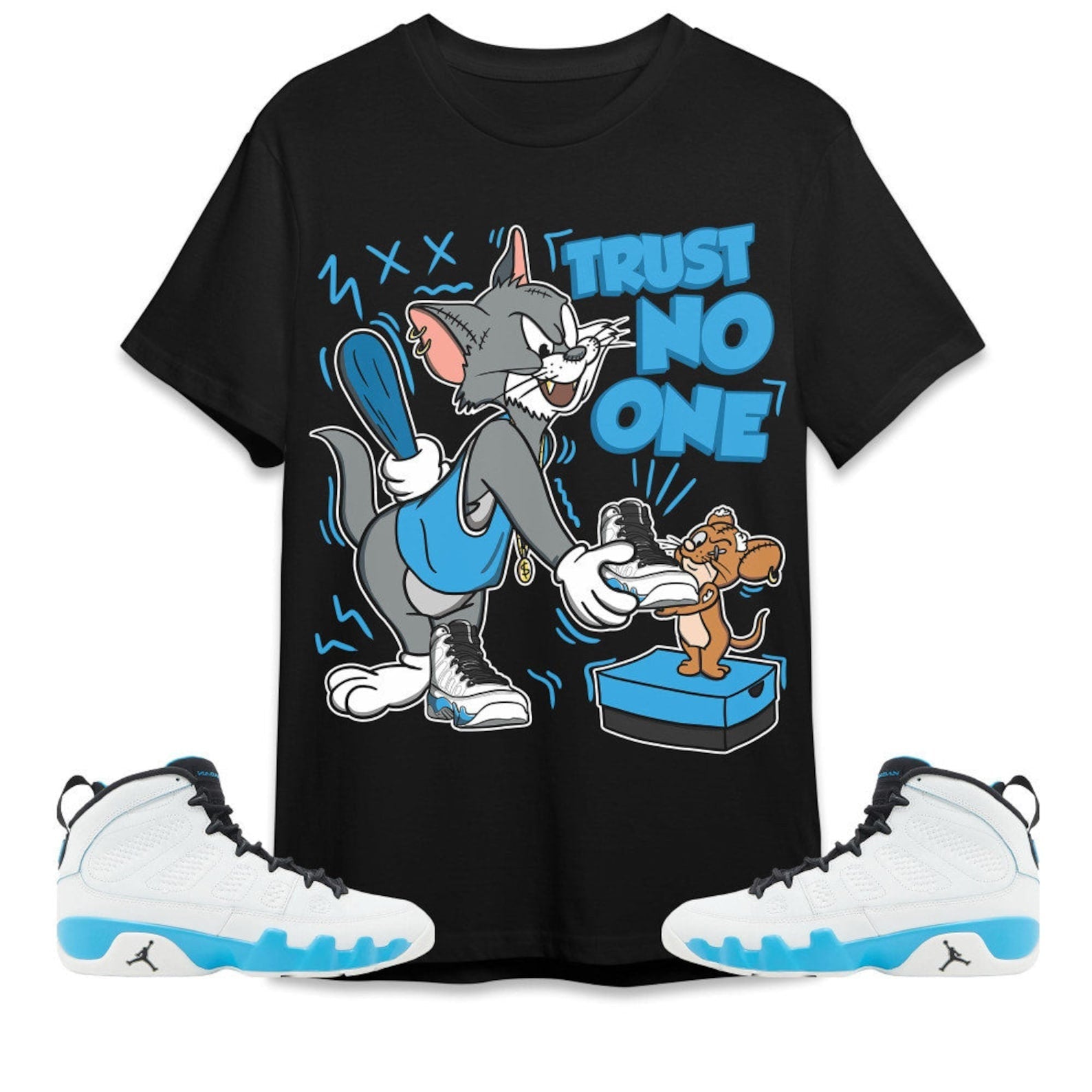 Trust No One Cat And Mouse Unisex Tees Jordan 9 Powder Blue to match Sneaker, Outfit back to school graphic Tees T-Shirt, Sneaker Match Tee