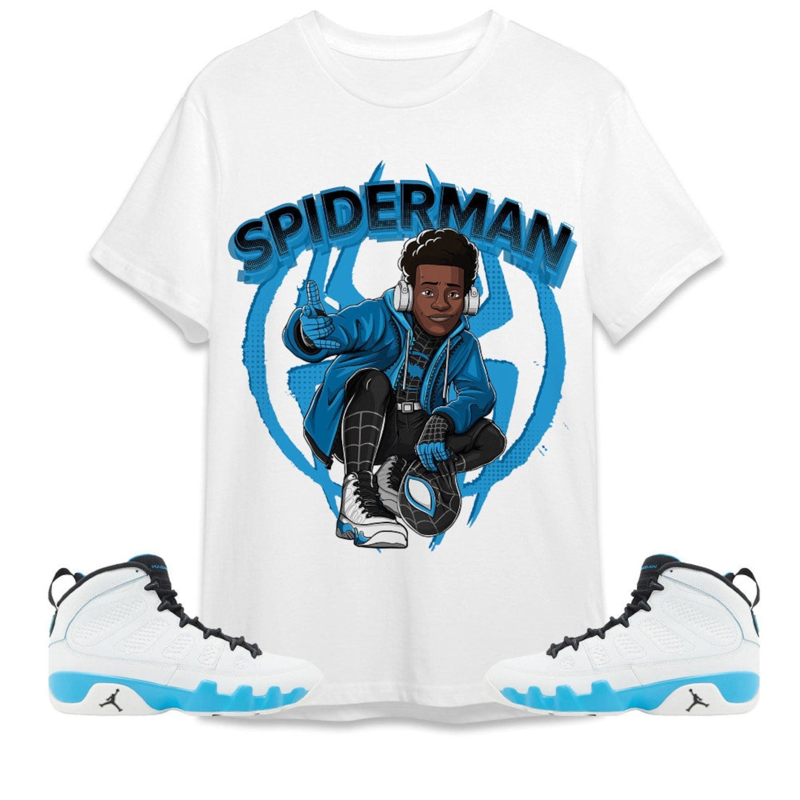 Spiderman Miles Unisex Tees Jordan 9 Powder Blue to match Sneaker, Outfit birthday graphic Tees T-Shirt, Sneaker Match Tee