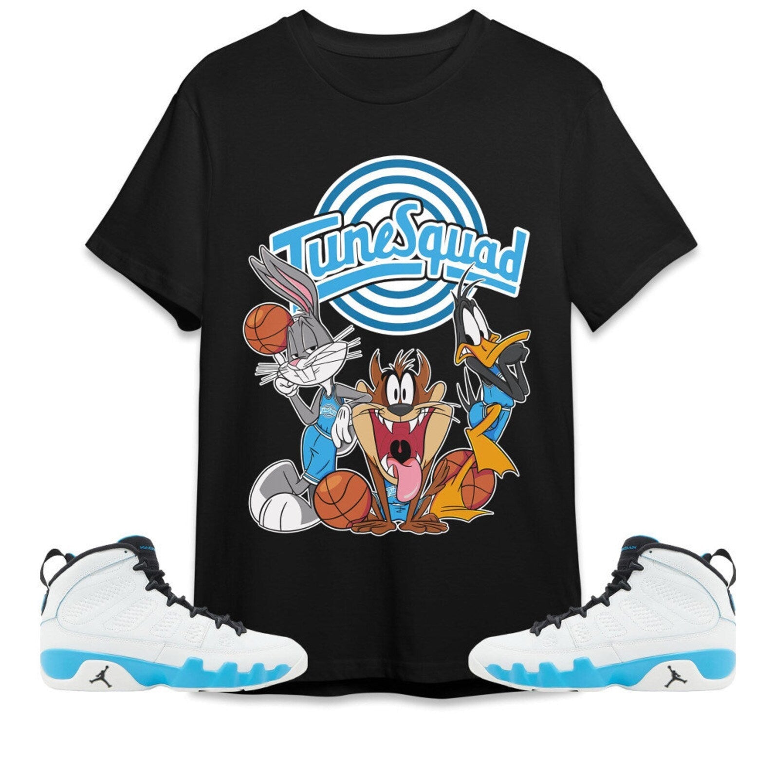 Tune Friends Unisex Tees Jordan 9 Powder Blue to match Sneaker, Outfit back to school graphic Tees T-Shirt, Sneaker Match Tee