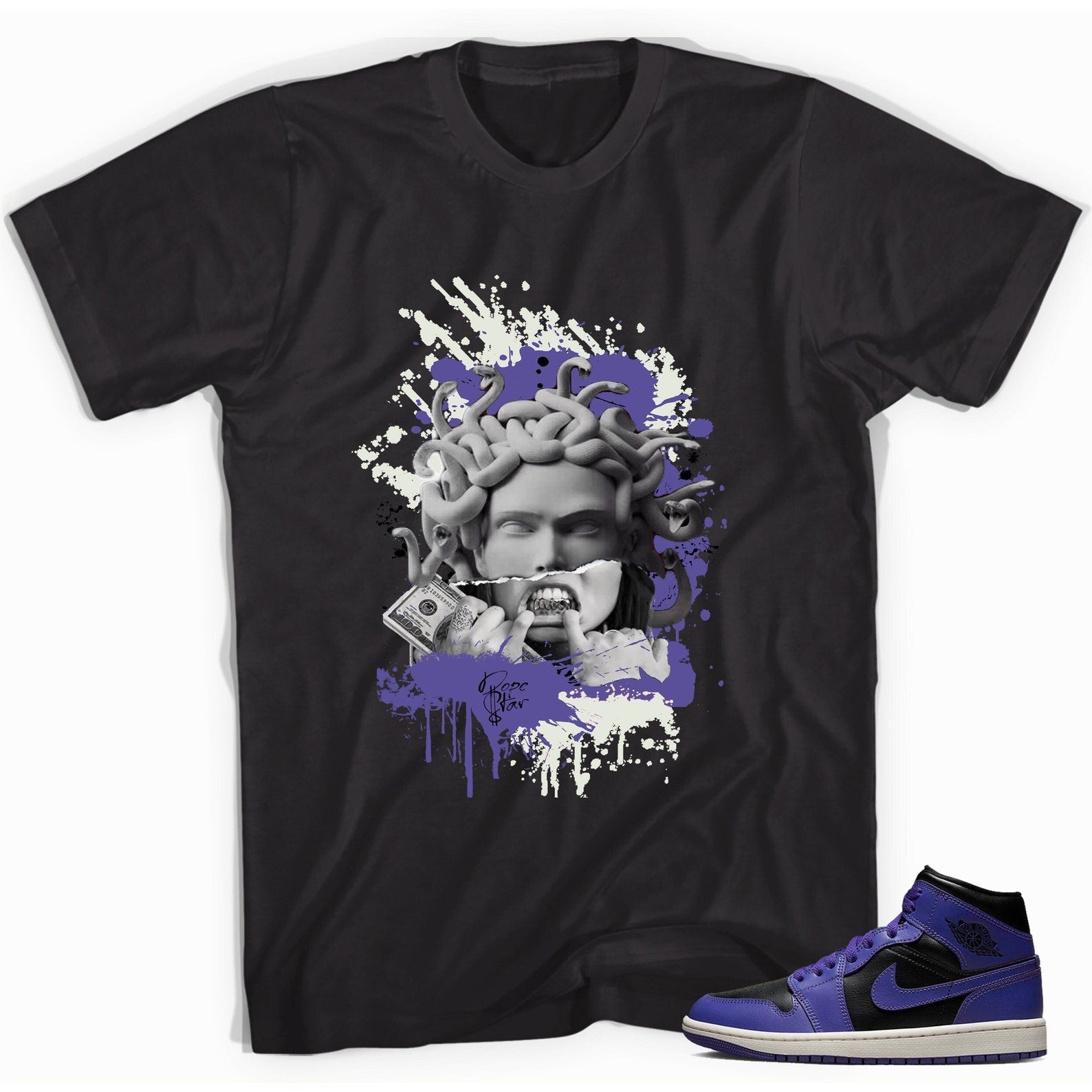 Medusa Unisex Shirt Made to Match Jordan 1s Mid Purple Black T-Shirt, Sneaker Match Tee