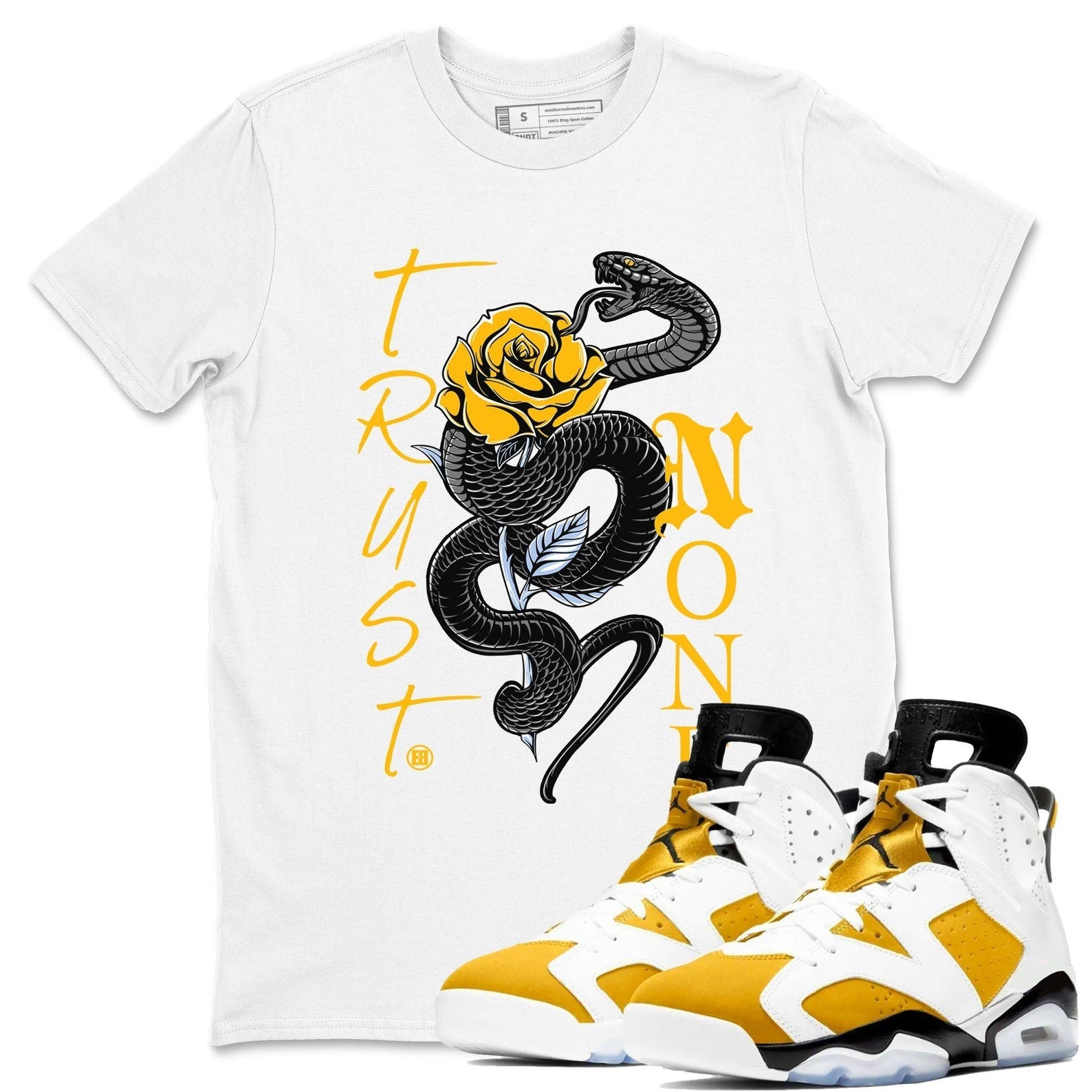 Trust None Sneaker Tee - Sneaker Shirts To Match Jordans Unisex Cotton Sneaker Shirts To Match Jordans 6s Yellow Ochre T-Shirt, Sneaker Match Tee